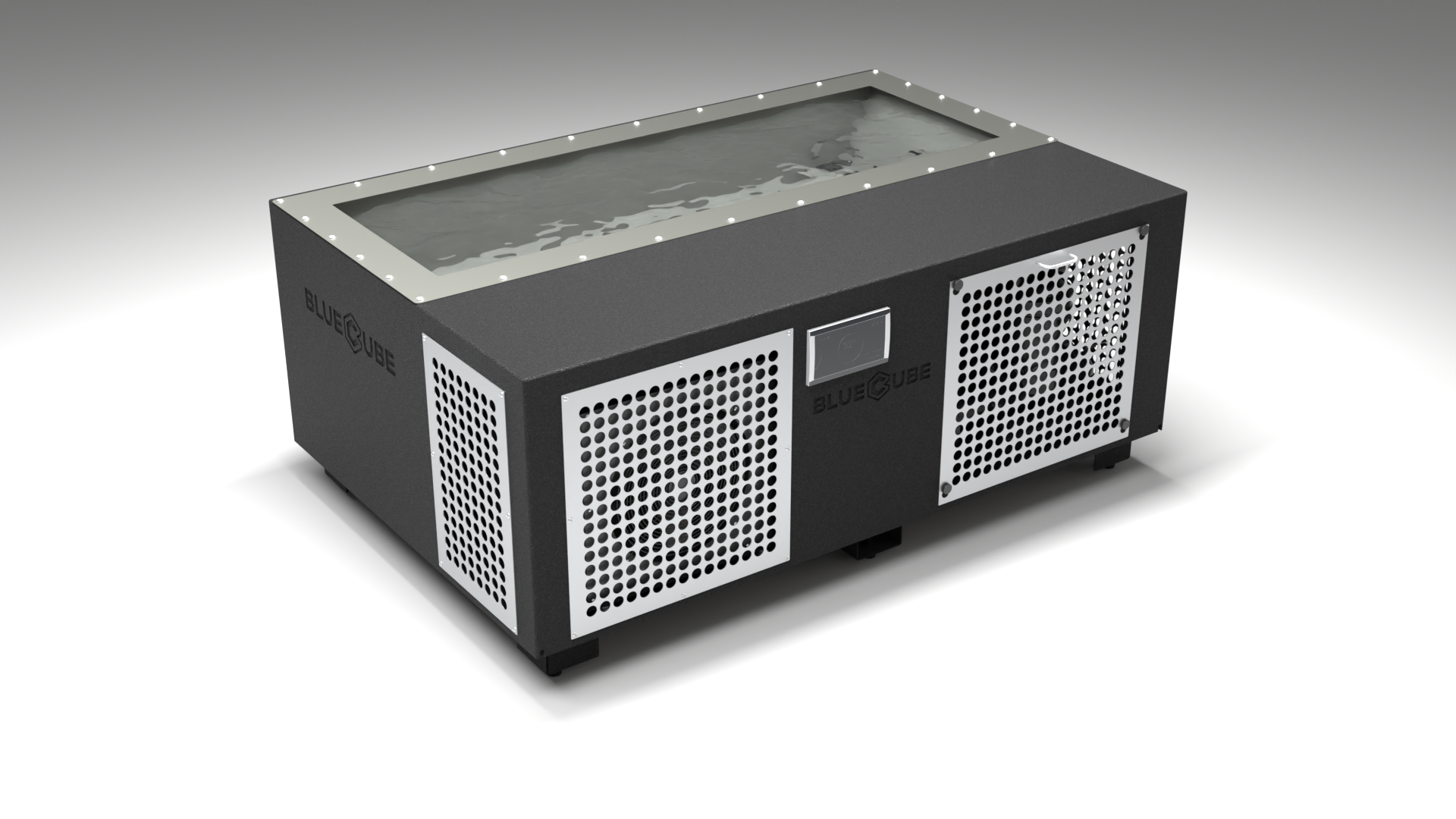 BlueCube C3 cold plunge tub black with perforated screens with hempcarbon tub left front view [bc color=black screen=screen deck=none tub=hempcarbon view=fl]