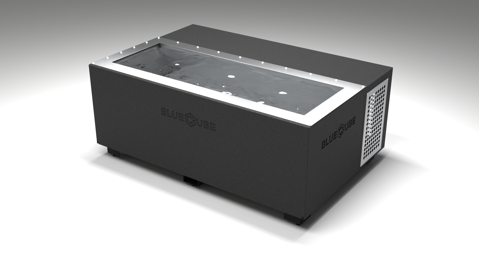 BlueCube C3 cold plunge tub black with perforated screens left back view [bc color=black screen=screen deck=none tub=stainless view=bl]