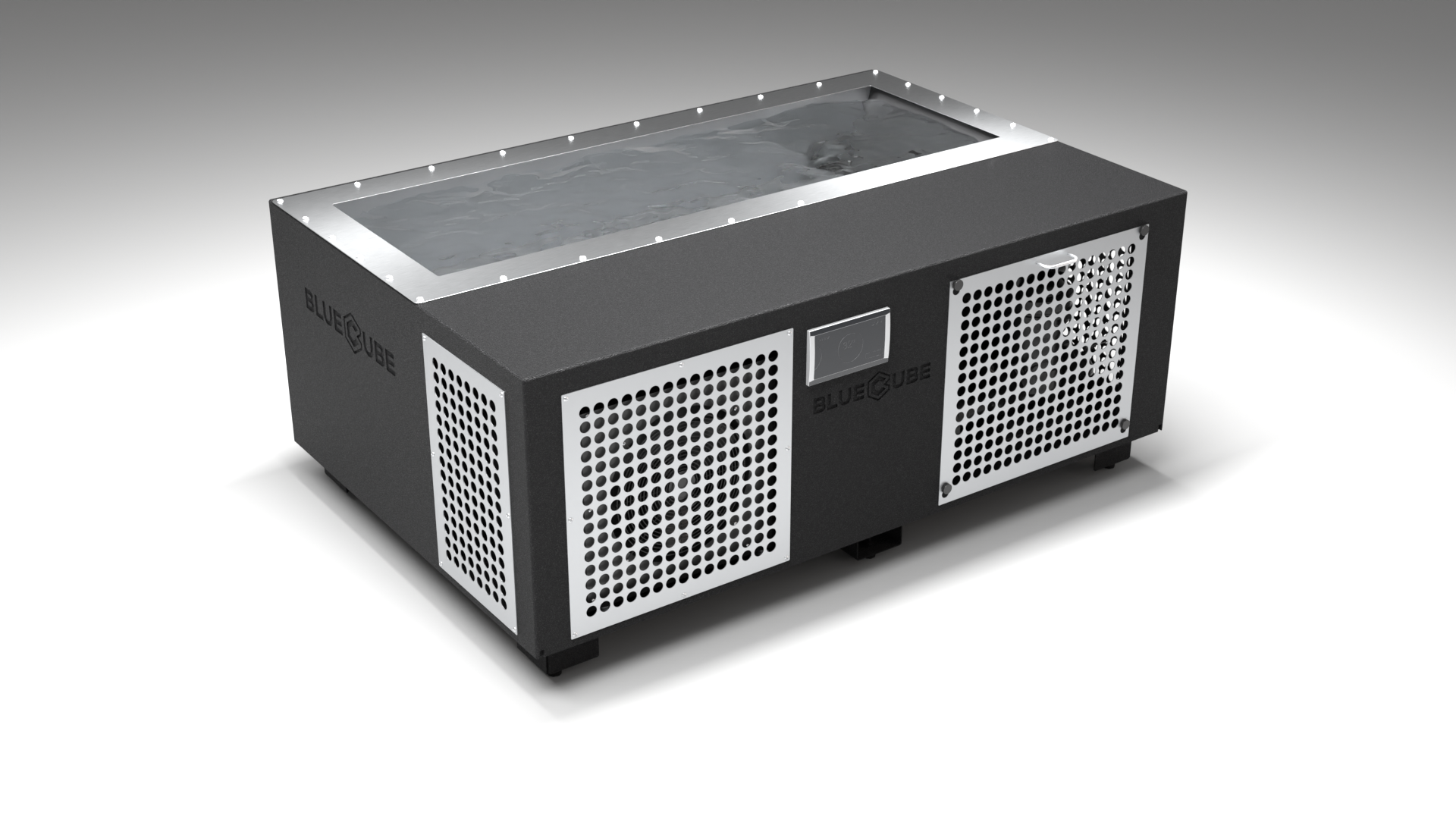 BlueCube C3 cold plunge tub black with perforated screens left front view [bc color=black screen=screen deck=none tub=stainless view=fl]
