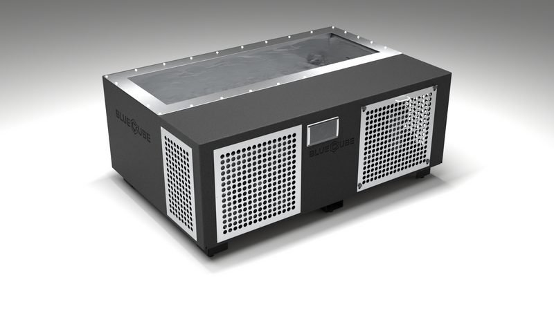 BlueCube C3 cold plunge tub black with perforated screens left front view [bc color=black screen=screen deck=none tub=stainless view=fl]