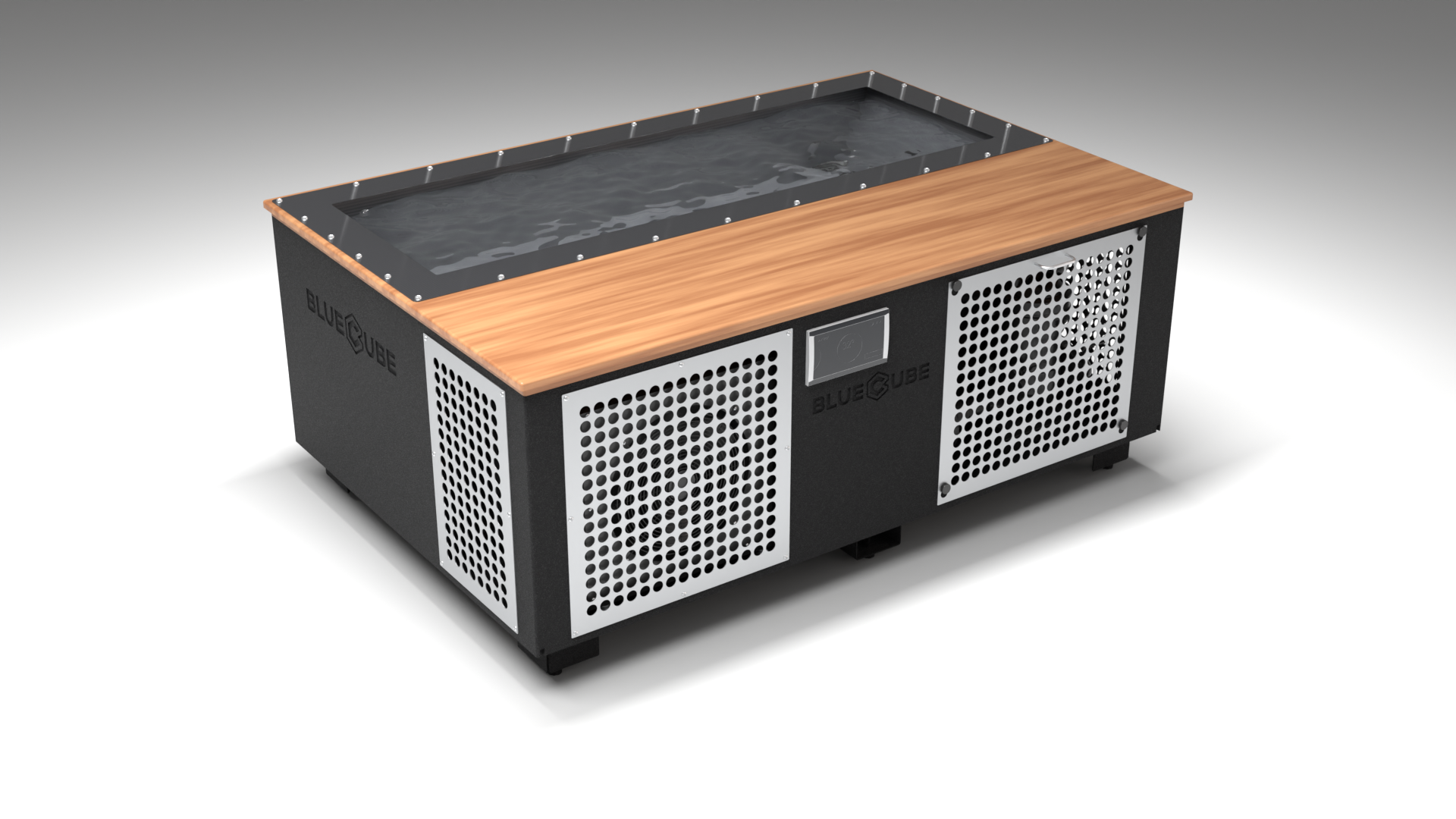 BlueCube C3 cold plunge tub black with perforated screens with mahogany deck with carbon fiber tub left front view [bc color=black screen=screen deck=mahogany tub=carbon-fiber view=fl]