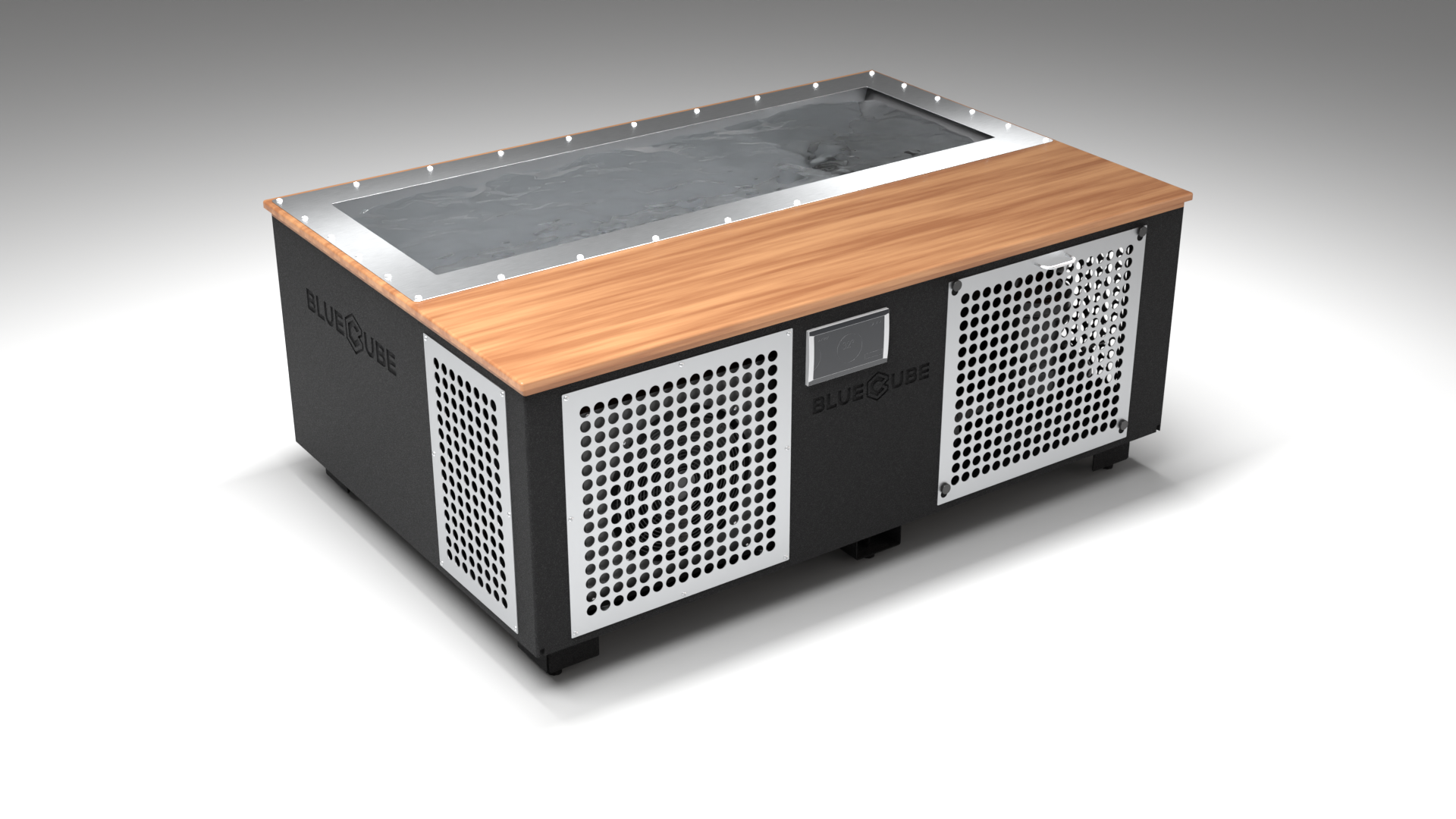 BlueCube C3 cold plunge tub black with perforated screens with mahogany deck left front view [bc color=black screen=screen deck=mahogany tub=stainless view=fl]
