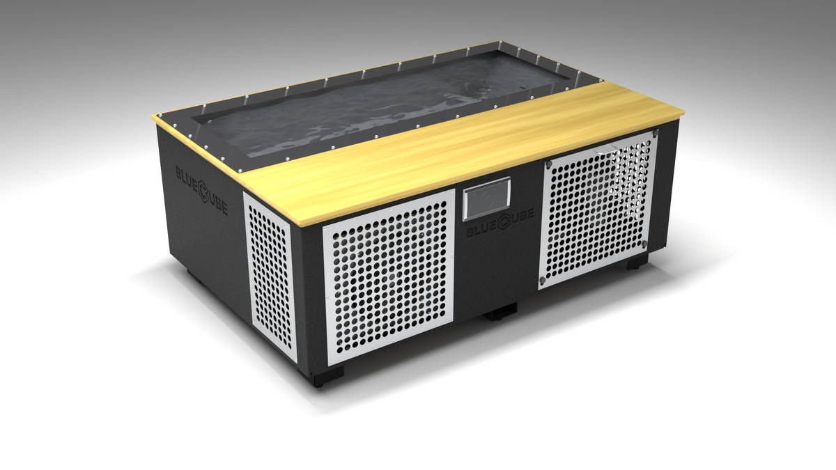 BlueCube C3 cold plunge tub black with perforated screens with white maple deck with carbon fiber tub left front view [bc color=black screen=screen deck=white-maple tub=carbon-fiber view=fl]
