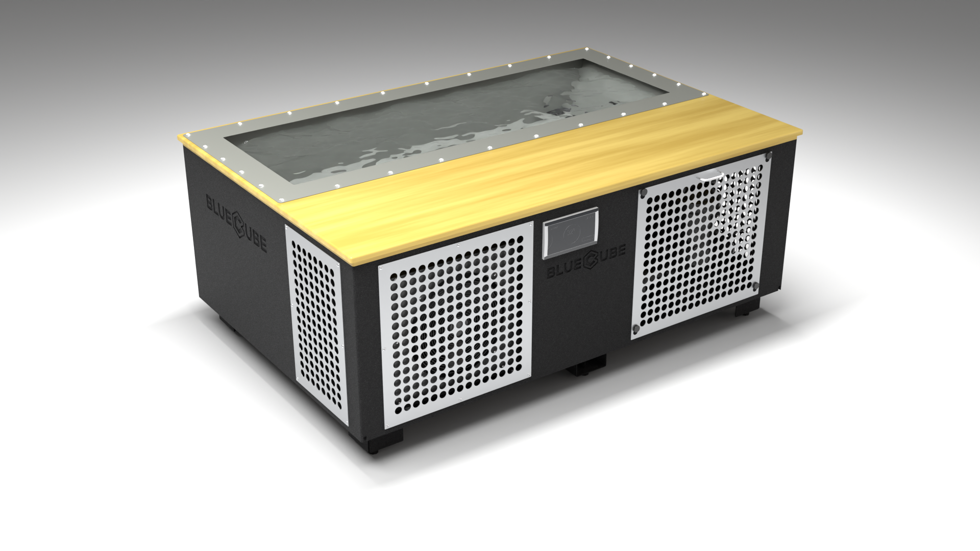 BlueCube C3 cold plunge tub black with perforated screens with white maple deck with hempcarbon tub left front view [bc color=black screen=screen deck=white-maple tub=hempcarbon view=fl]