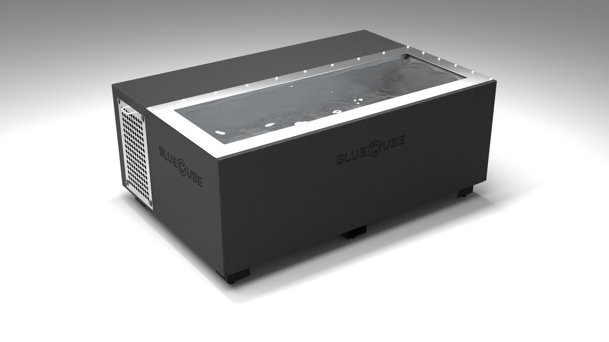 BlueCube C3 cold plunge tub black with perforated screens right back view [bc color=black screen=screen deck=none tub=stainless view=br]