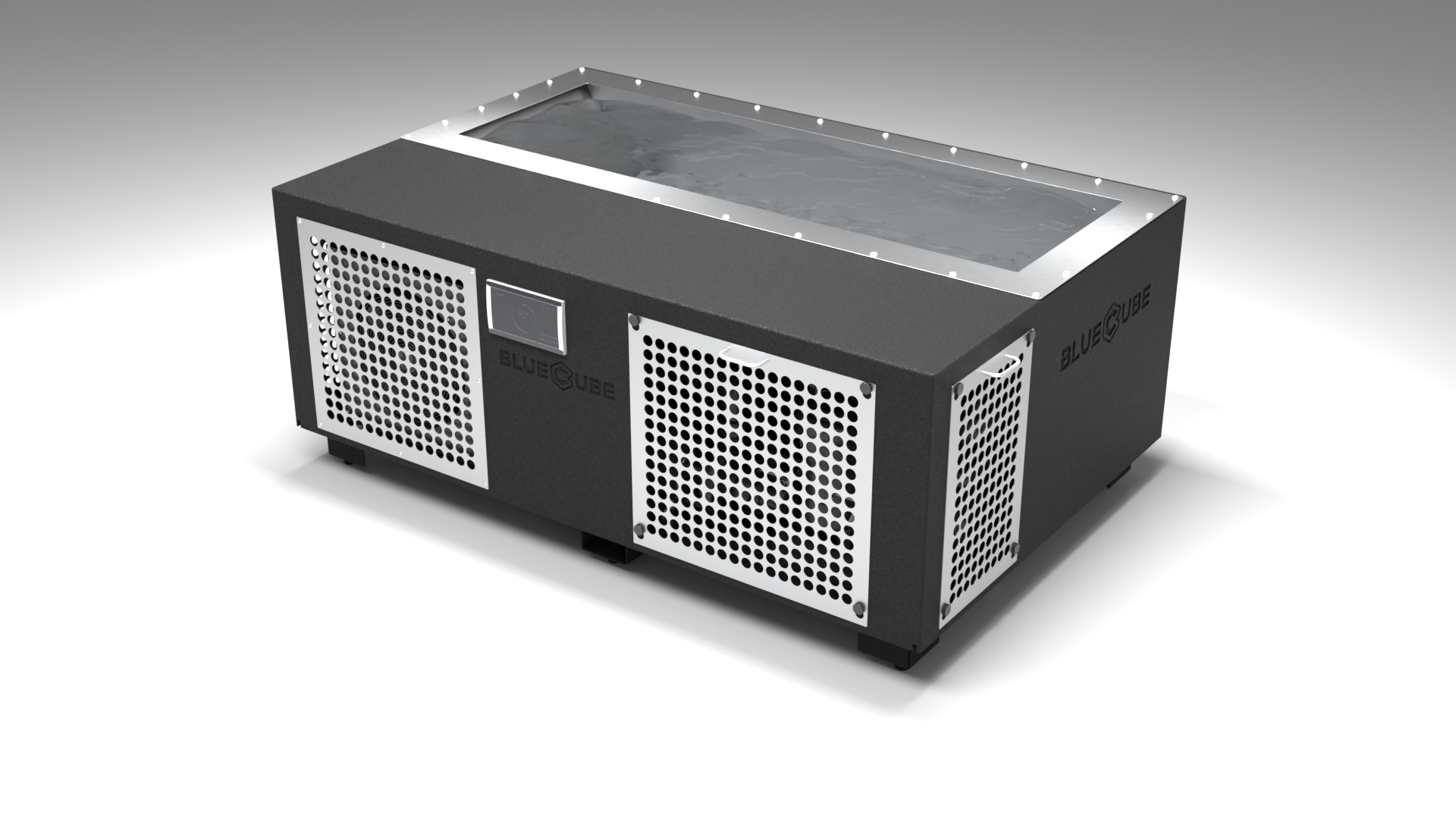 BlueCube C3 cold plunge tub black with perforated screens right front view [bc color=black screen=screen deck=none tub=stainless view=fr]