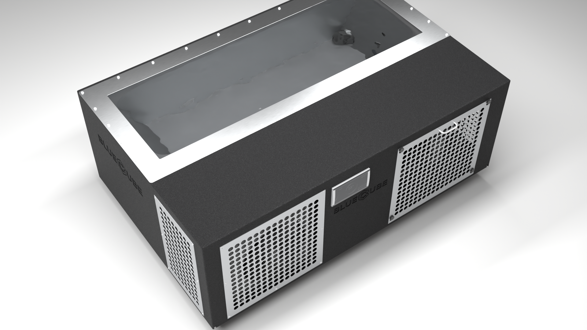 BlueCube C3 cold plunge tub black with perforated screens top down view [bc color=black screen=screen deck=none tub=stainless view=top]