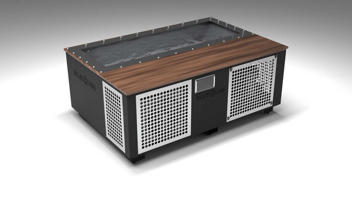 BlueCube C3 cold plunge tub black with perforated screens with walnut deck with carbon fiber tub left front view [bc color=black screen=screen deck=walnut tub=carbon-fiber view=fl]