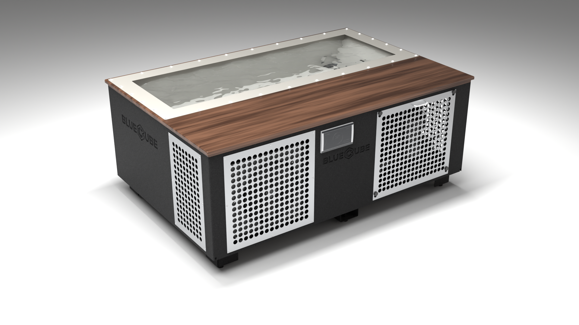 BlueCube C3 cold plunge tub black with perforated screens with walnut deck with gel coated tub left front view [bc color=black screen=screen deck=walnut tub=gel-coated view=fl]