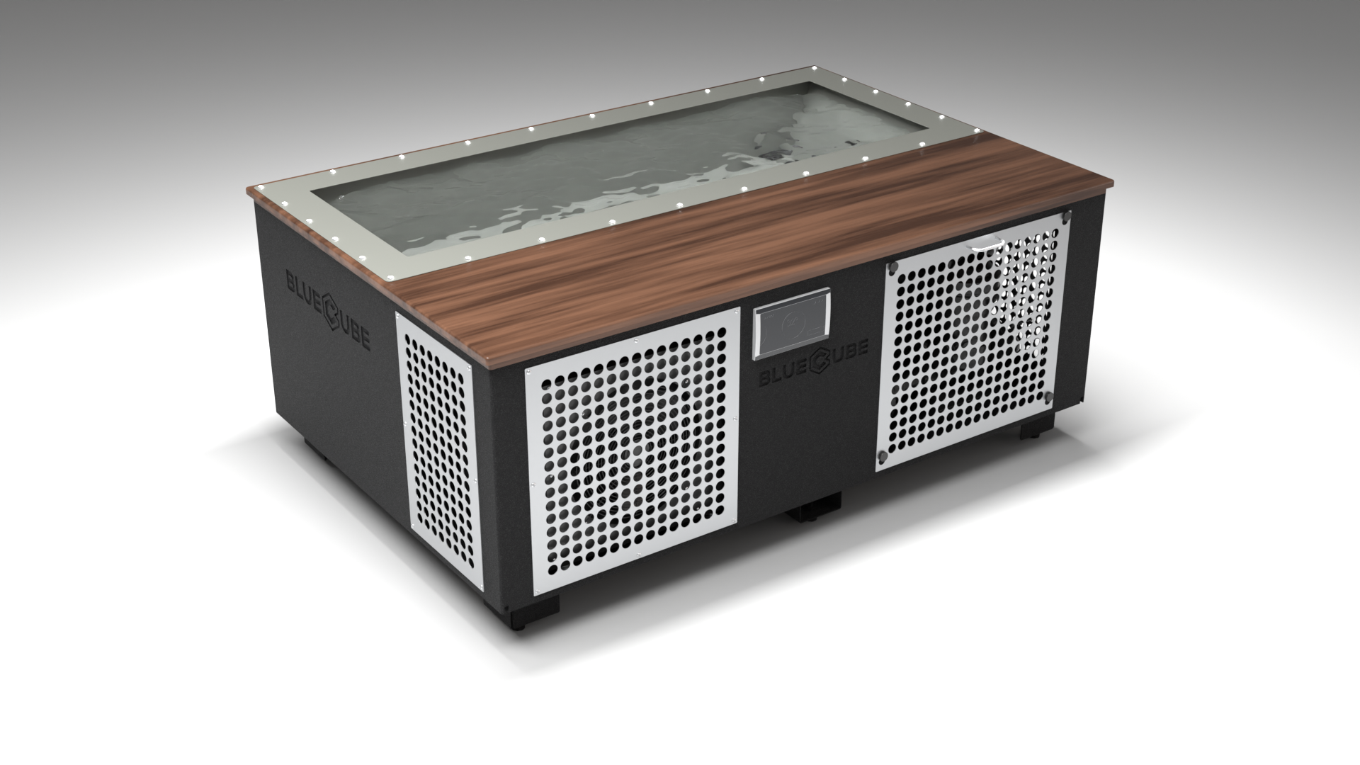 BlueCube C3 cold plunge tub black with perforated screens with walnut deck with hempcarbon tub left front view [bc color=black screen=screen deck=walnut tub=hempcarbon view=fl]