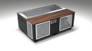 BlueCube C3 cold plunge tub black with perforated screens with walnut deck left front view [bc color=black screen=screen deck=walnut tub=stainless view=fl]