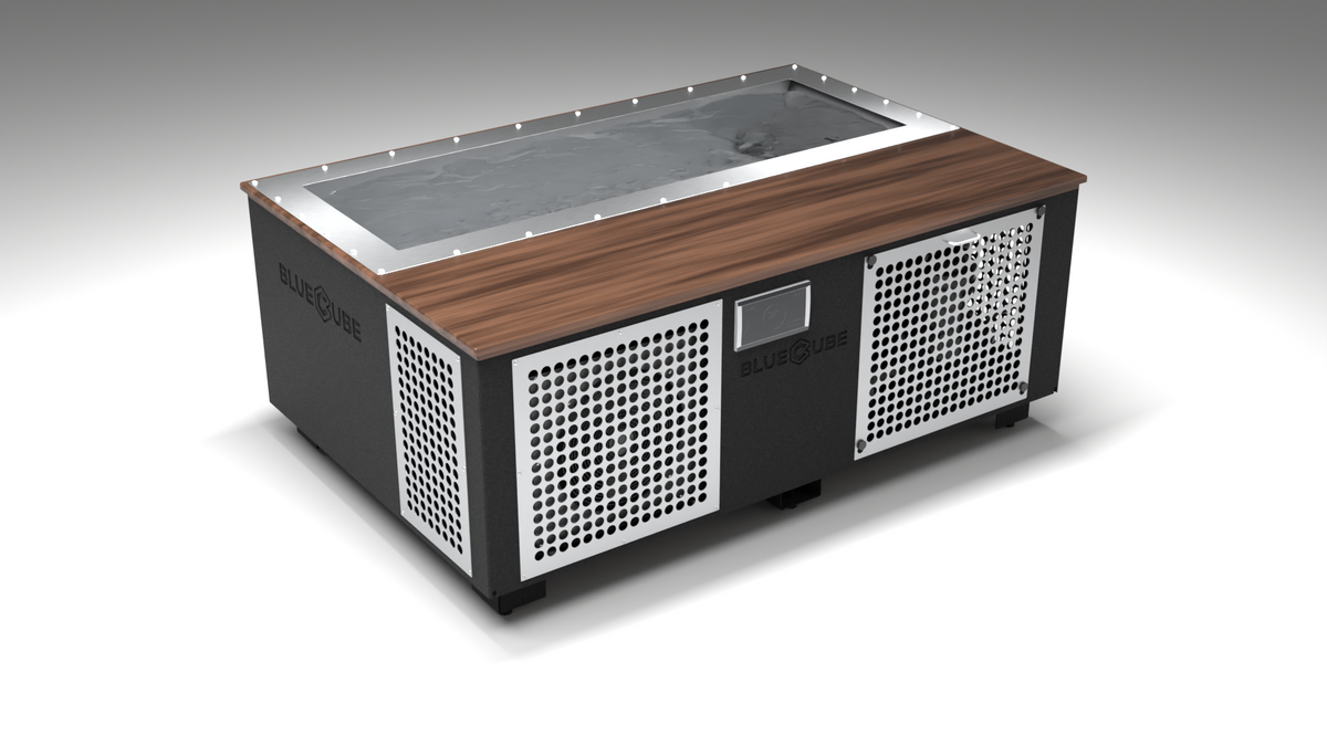 BlueCube C3 cold plunge tub black with perforated screens with walnut deck left front view [bc color=black screen=screen deck=walnut tub=stainless view=fl]