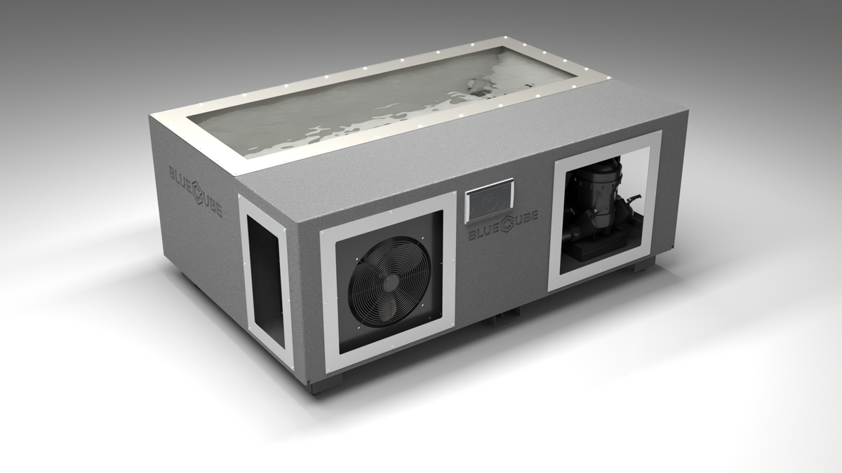 BlueCube C3 cold plunge tub grey with gel coated tub left front view [bc color=grey screen=frame deck=none tub=gel-coated view=fl]