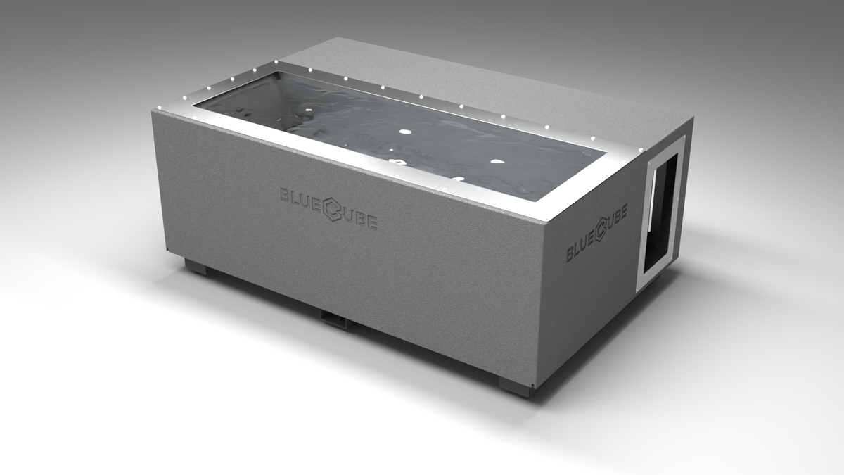 BlueCube C3 cold plunge tub grey left back view [bc color=grey screen=frame deck=none tub=stainless view=bl]