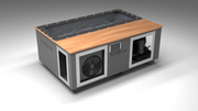 BlueCube C3 cold plunge tub grey with mahogany deck with carbon fiber tub left front view [bc color=grey screen=frame deck=mahogany tub=carbon-fiber view=fl]