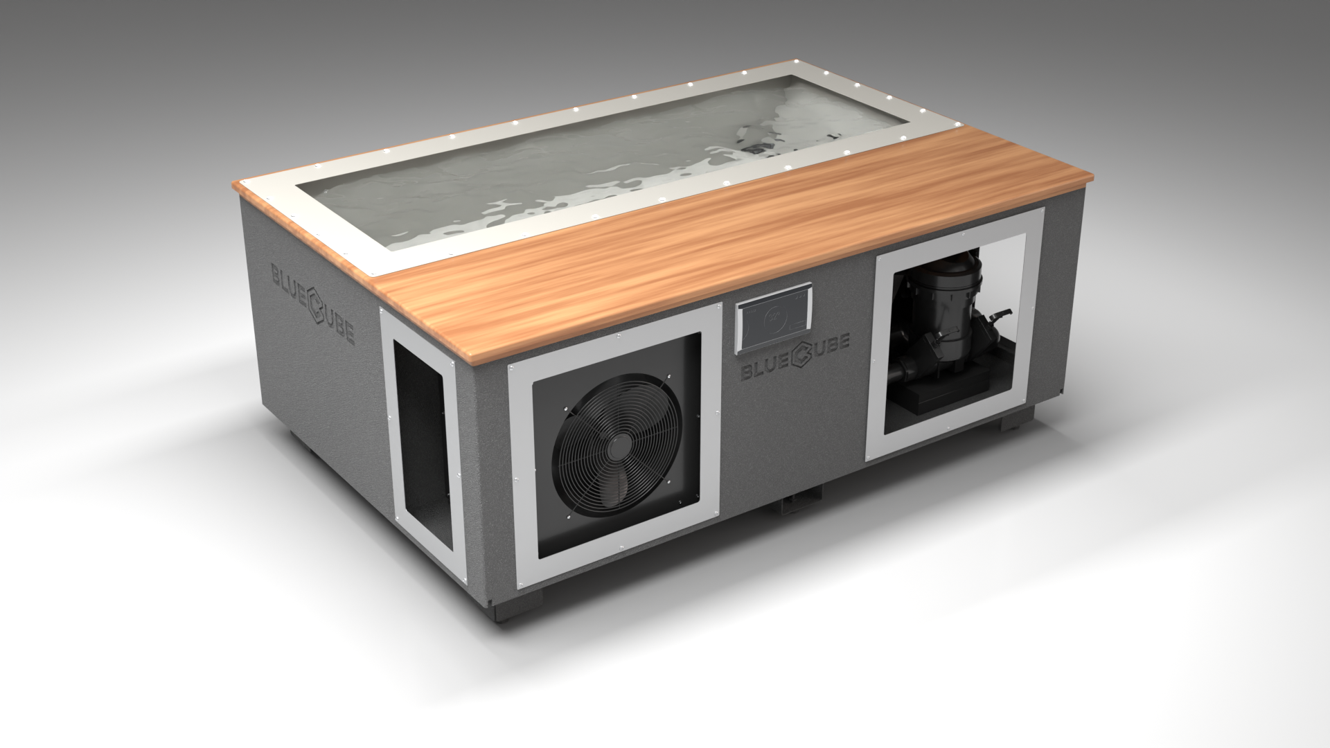 BlueCube C3 cold plunge tub grey with mahogany deck with gel coated tub left front view [bc color=grey screen=frame deck=mahogany tub=gel-coated view=fl]