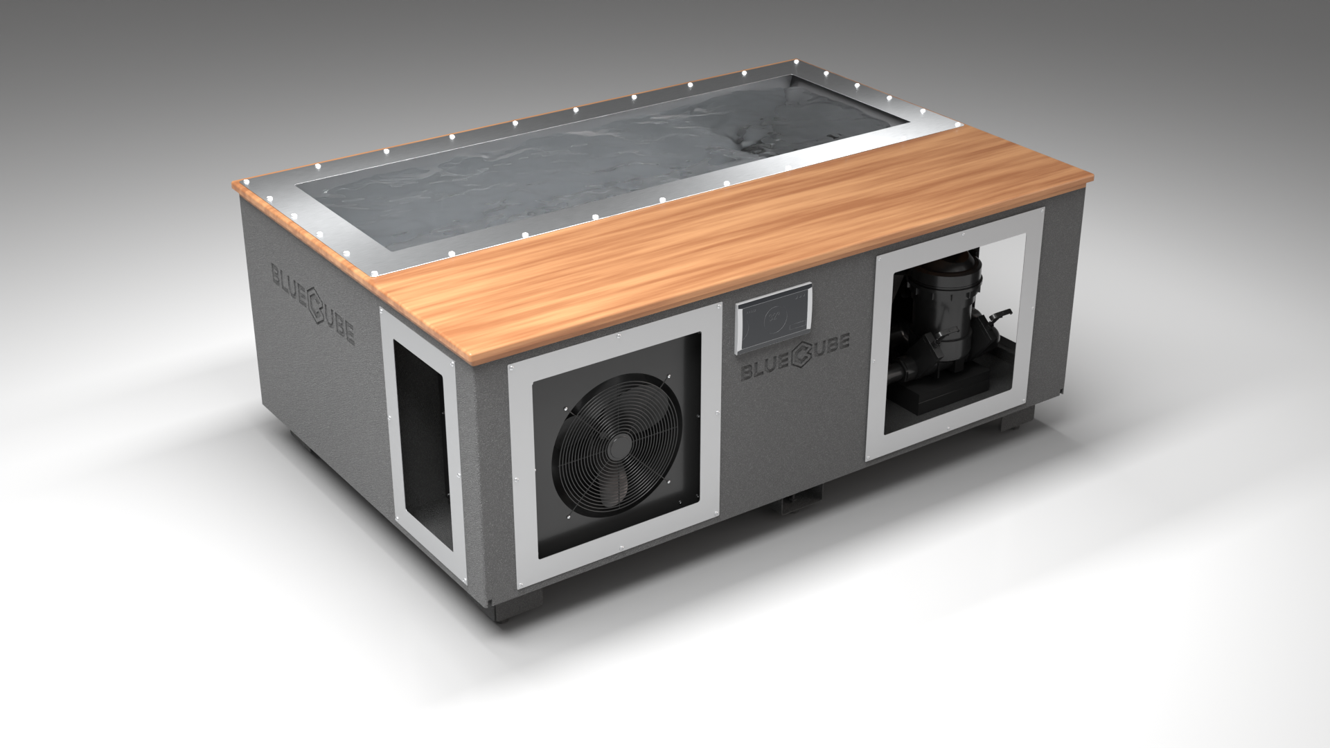 BlueCube C3 cold plunge tub grey with mahogany deck left front view [bc color=grey screen=frame deck=mahogany tub=stainless view=fl]