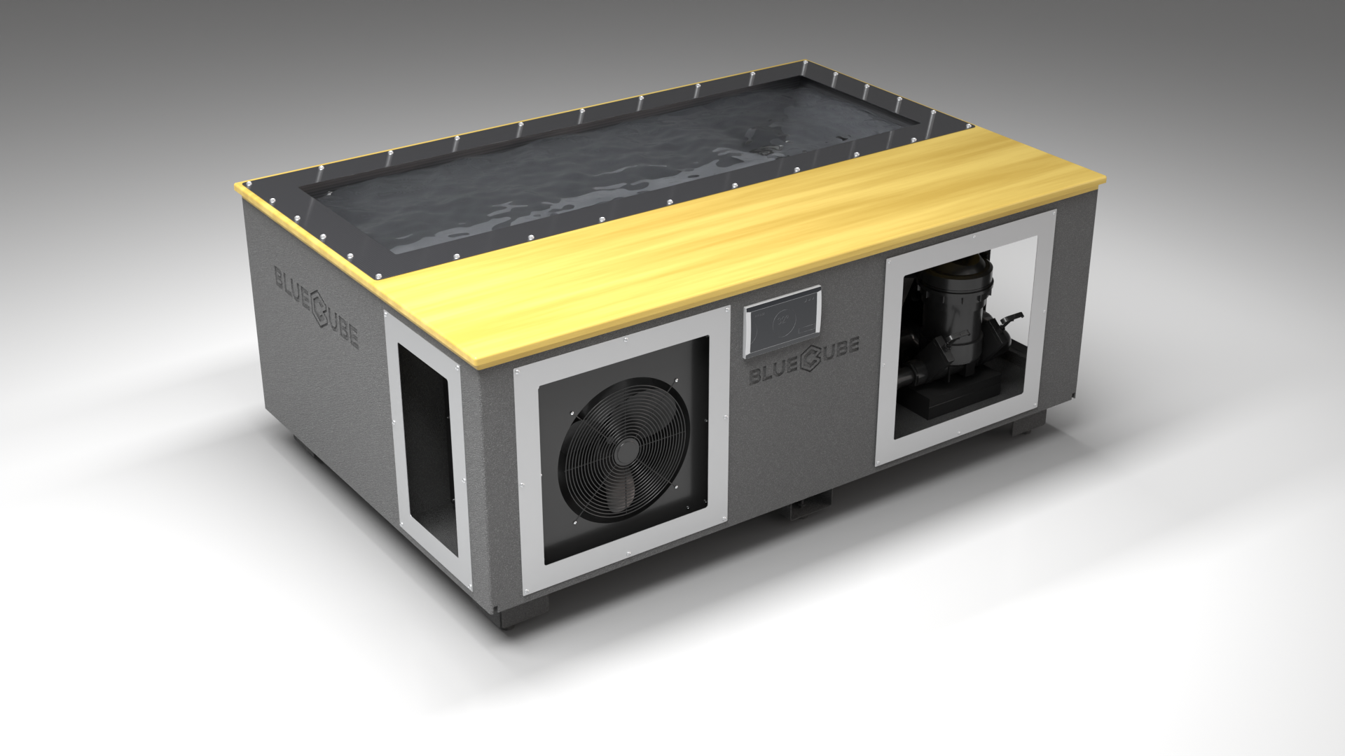 BlueCube C3 cold plunge tub grey with white maple deck with carbon fiber tub left front view [bc color=grey screen=frame deck=white-maple tub=carbon-fiber view=fl]