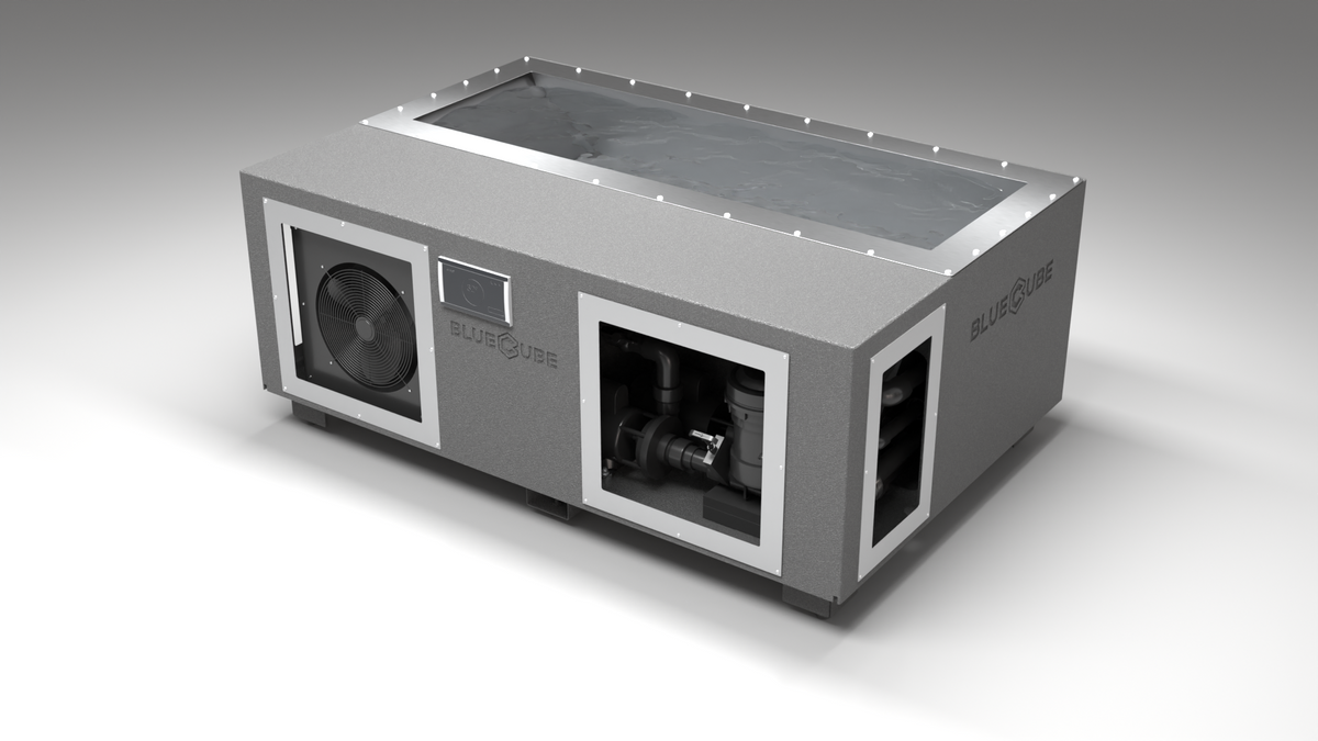 BlueCube C3 cold plunge tub grey right front view [bc color=grey screen=frame deck=none tub=stainless view=fr]