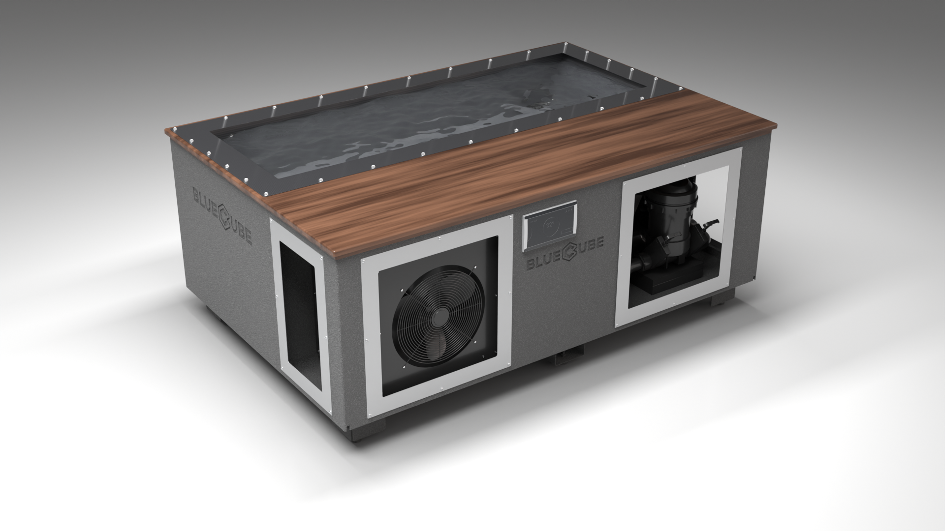BlueCube C3 cold plunge tub grey with walnut deck with carbon fiber tub left front view [bc color=grey screen=frame deck=walnut tub=carbon-fiber view=fl]