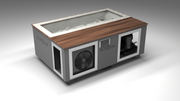 BlueCube C3 cold plunge tub grey with walnut deck with gel coated tub left front view [bc color=grey screen=frame deck=walnut tub=gel-coated view=fl]