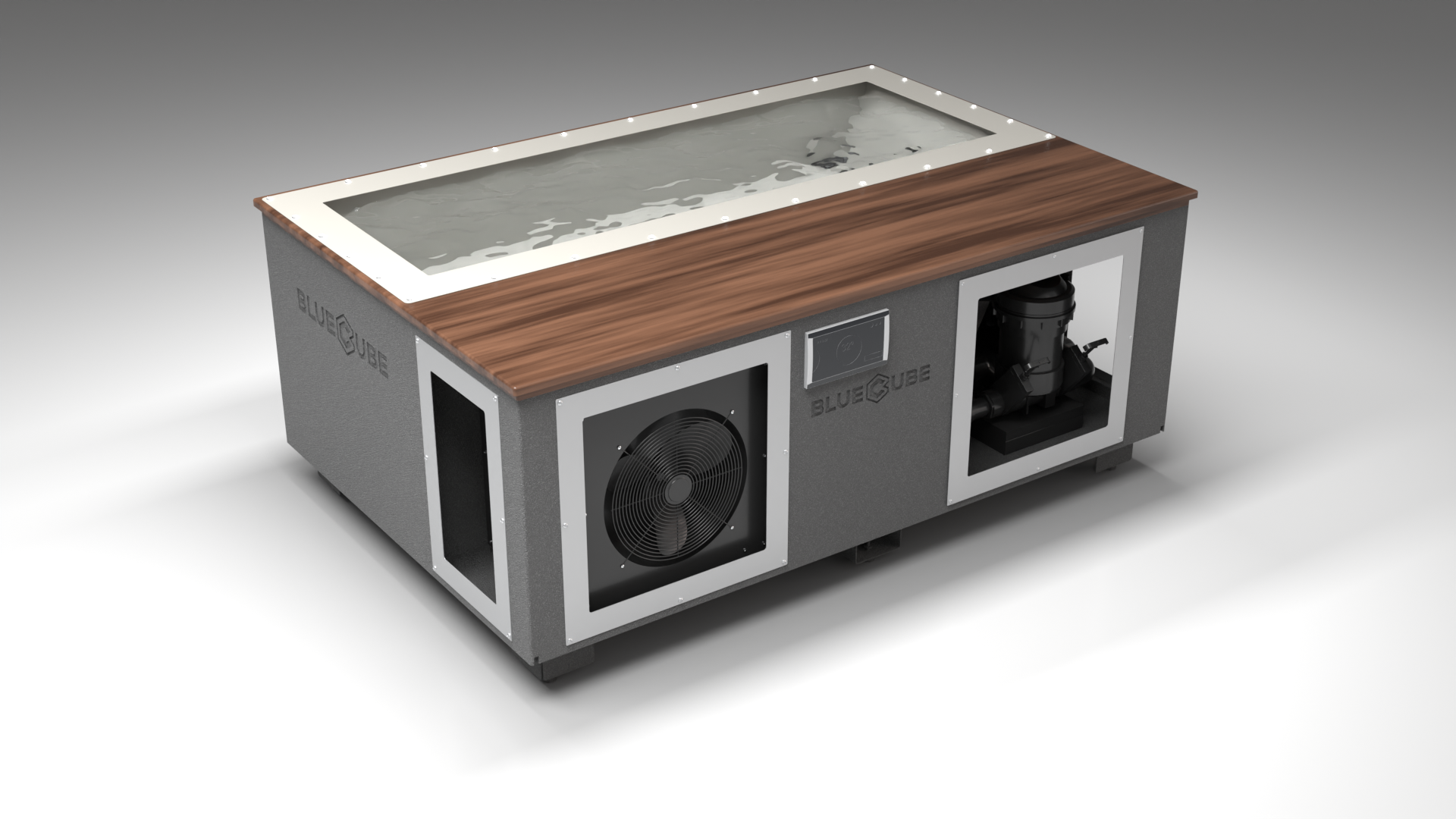 BlueCube C3 cold plunge tub grey with walnut deck with gel coated tub left front view [bc color=grey screen=frame deck=walnut tub=gel-coated view=fl]