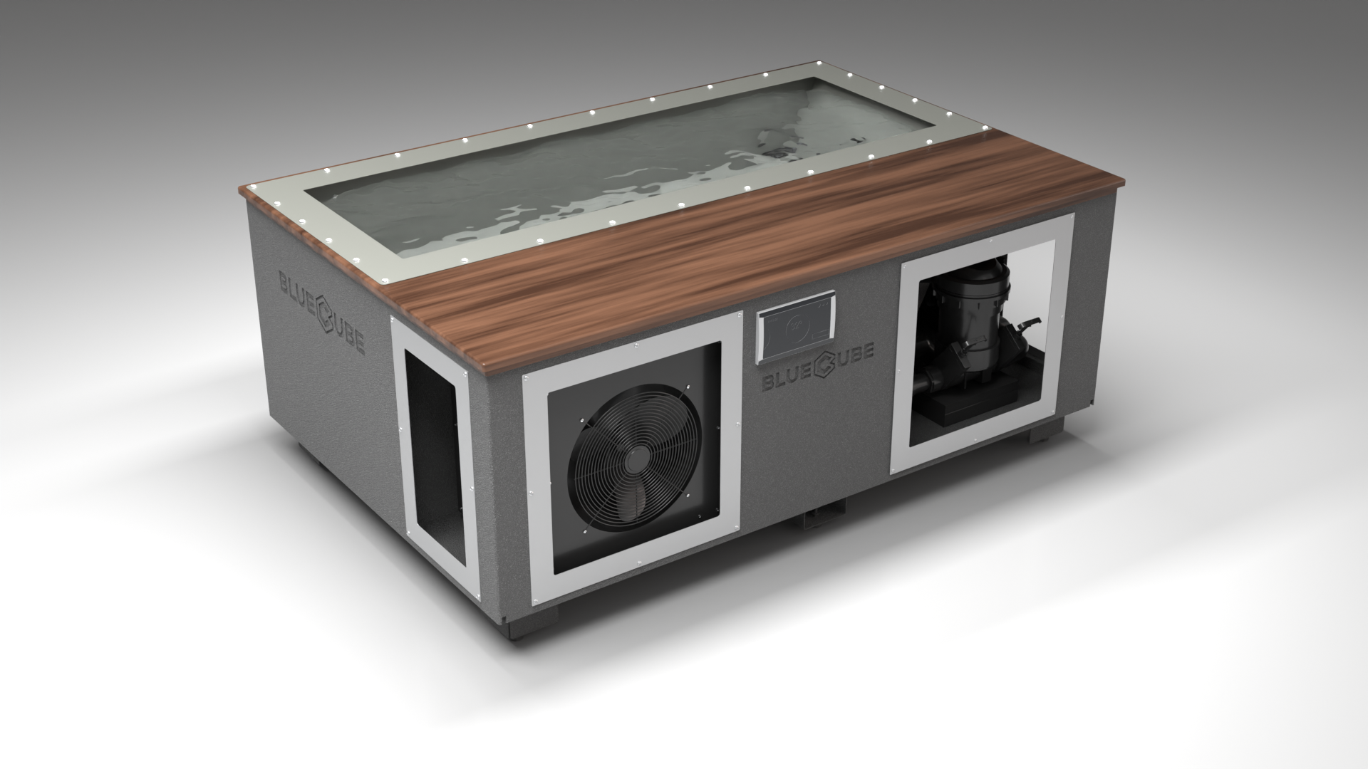BlueCube C3 cold plunge tub grey with walnut deck with hempcarbon tub left front view [bc color=grey screen=frame deck=walnut tub=hempcarbon view=fl]