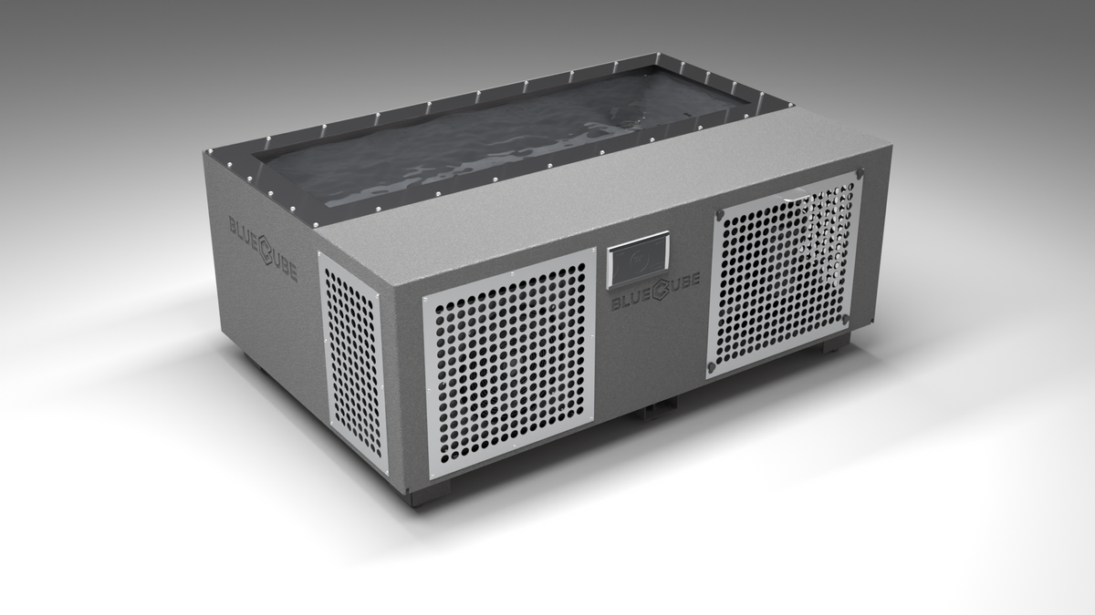 BlueCube C3 cold plunge tub grey with perforated screens with carbon fiber tub left front view [bc color=grey screen=screen deck=none tub=carbon-fiber view=fl]