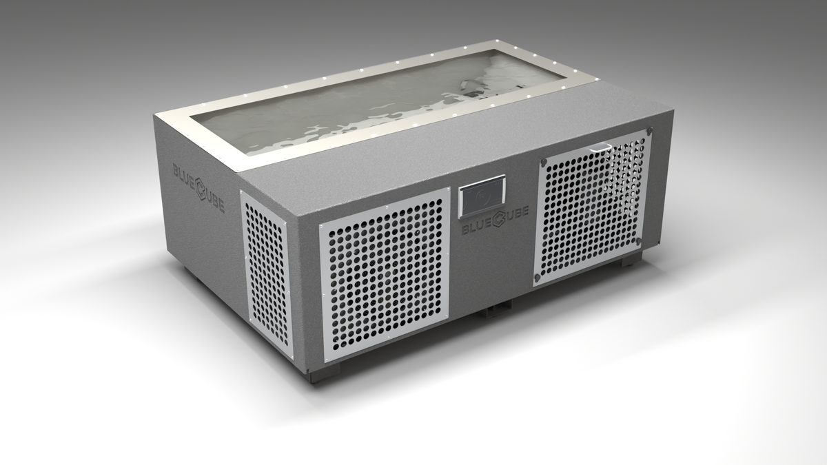 BlueCube C3 cold plunge tub grey with perforated screens with gel coated tub left front view [bc color=grey screen=screen deck=none tub=gel-coated view=fl]
