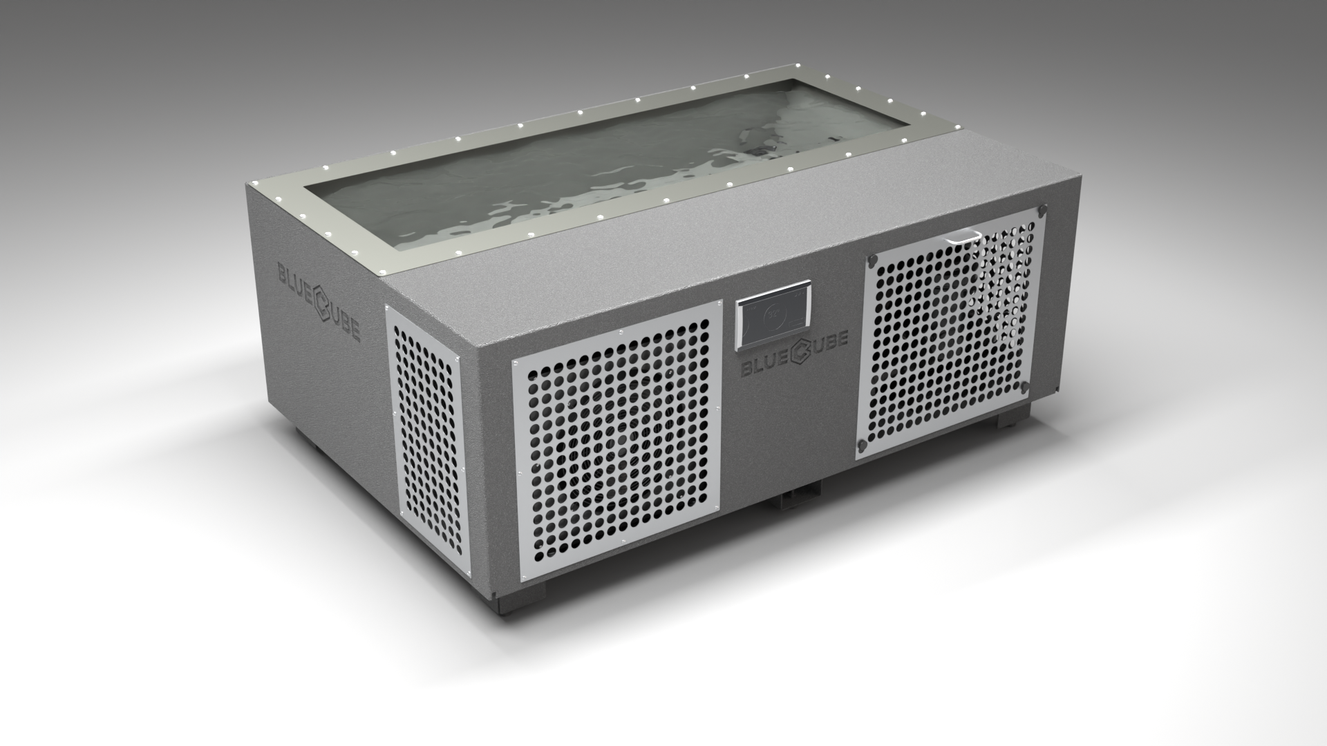 BlueCube C3 cold plunge tub grey with perforated screens with hempcarbon tub left front view [bc color=grey screen=screen deck=none tub=hempcarbon view=fl]