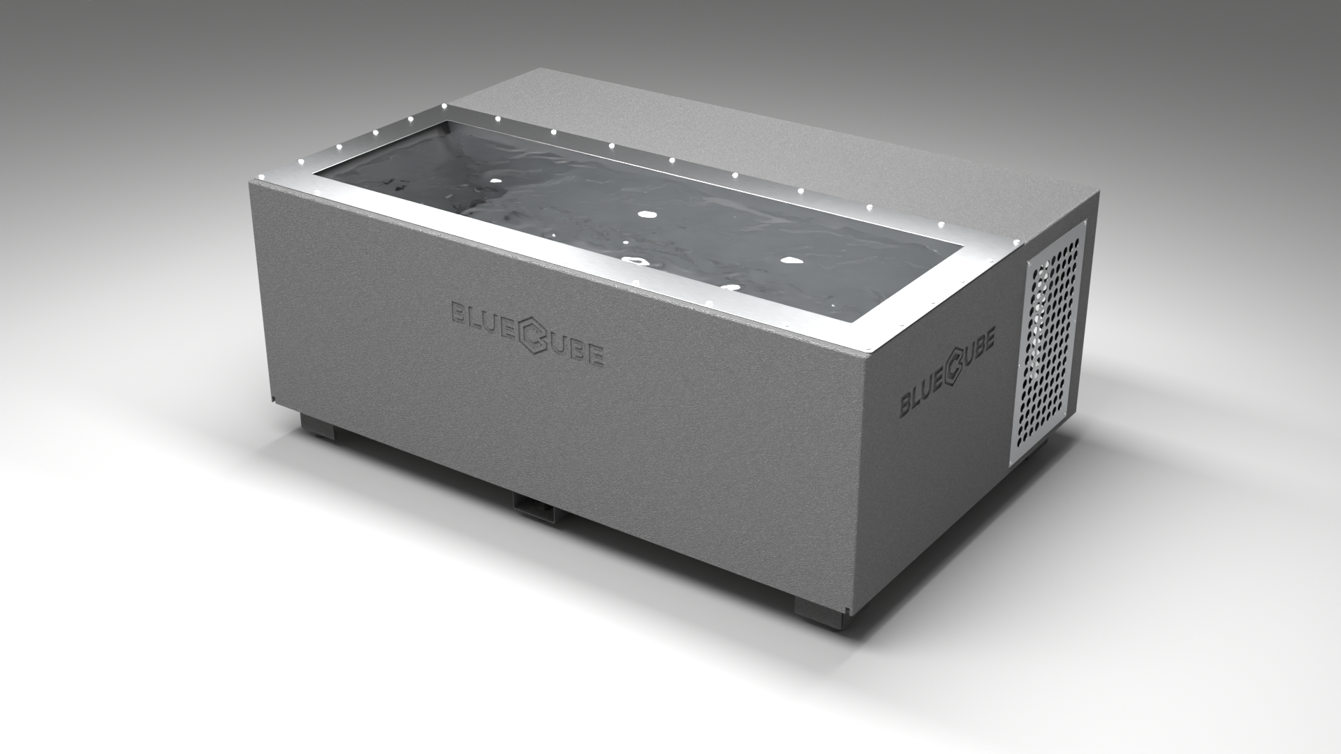 BlueCube C3 cold plunge tub grey with perforated screens left back view [bc color=grey screen=screen deck=none tub=stainless view=bl]