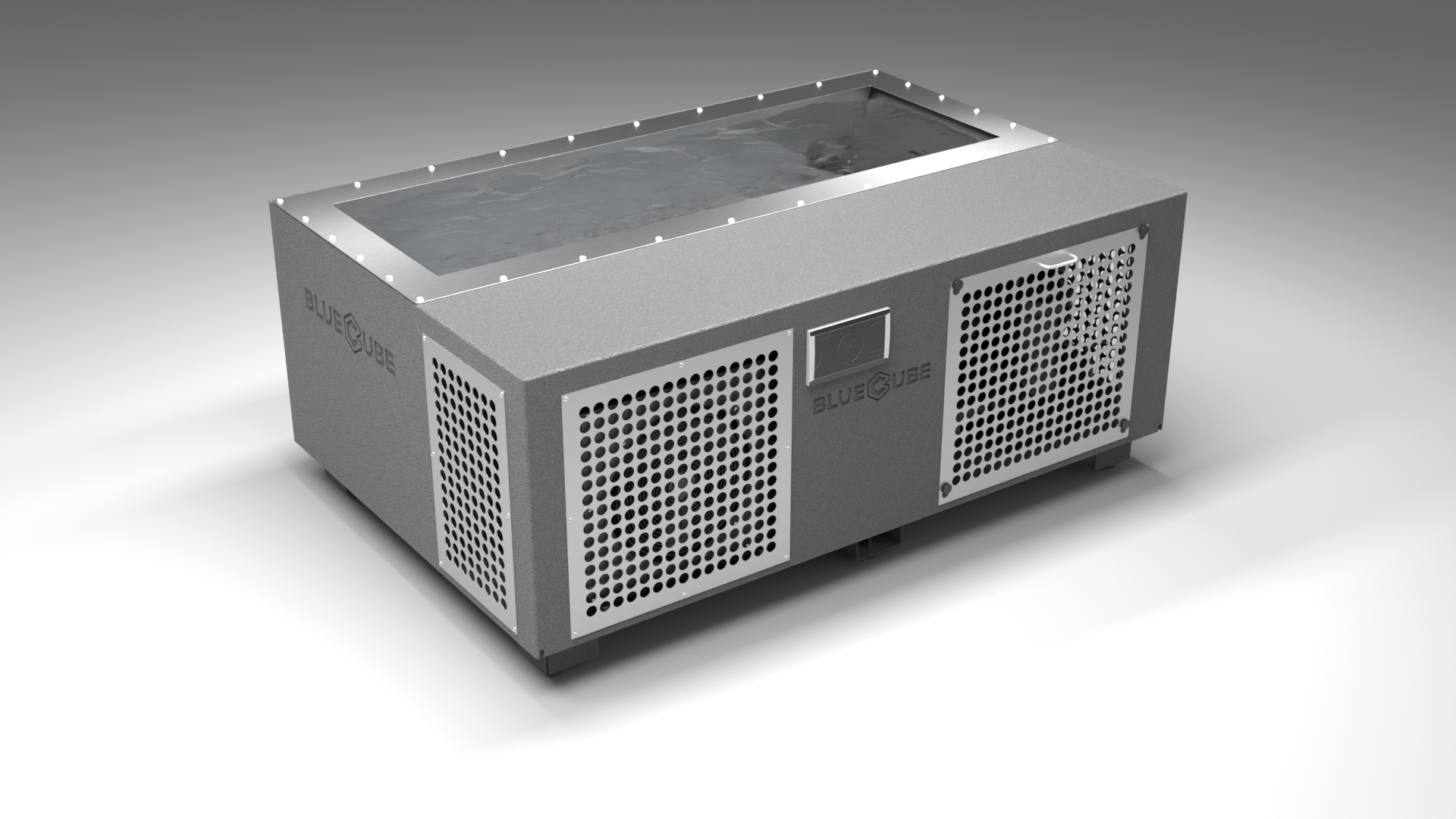 BlueCube C3 cold plunge tub grey with perforated screens left front view [bc color=grey screen=screen deck=none tub=stainless view=fl]