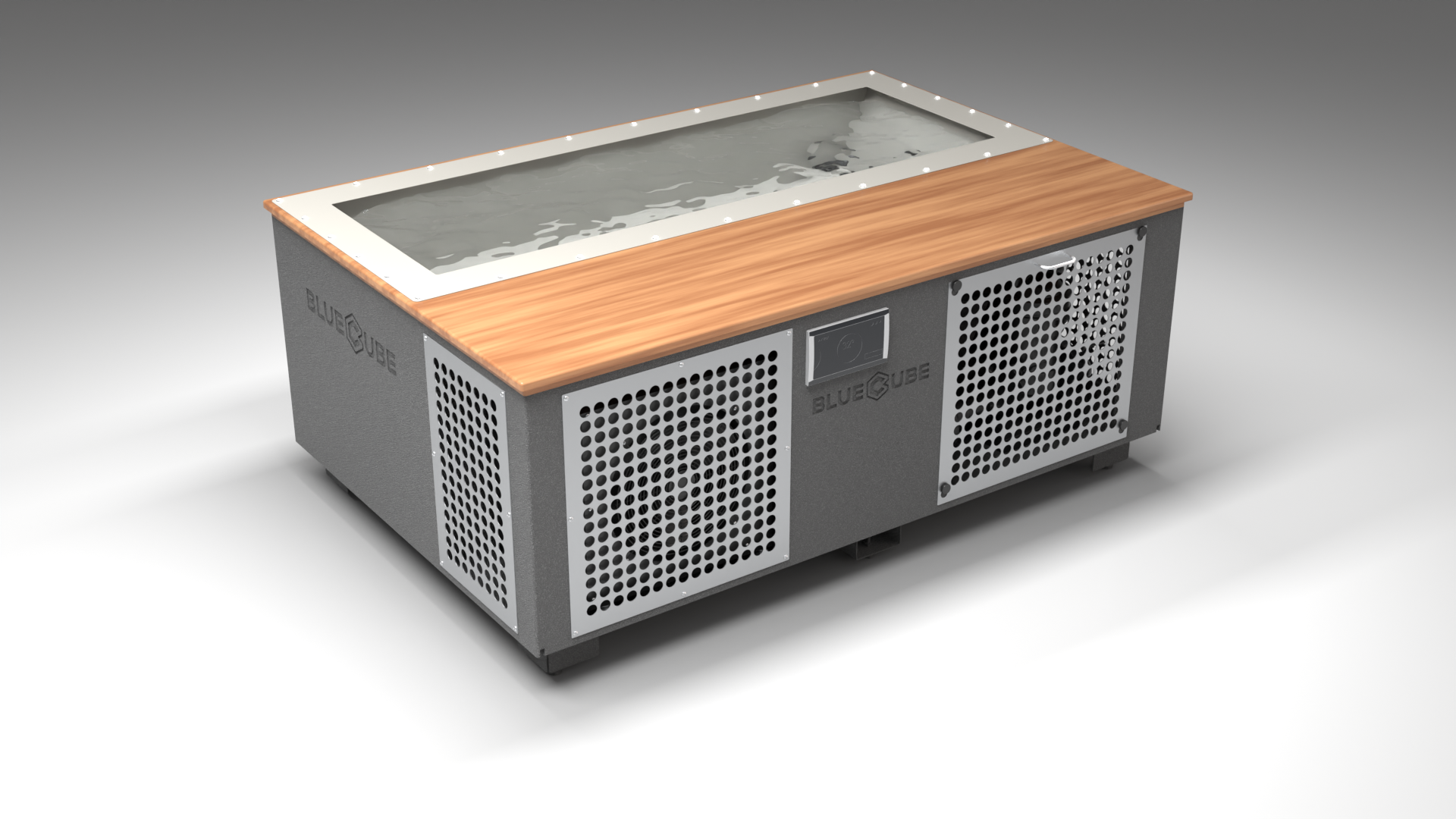 BlueCube C3 cold plunge tub grey with perforated screens with mahogany deck with gel coated tub left front view [bc color=grey screen=screen deck=mahogany tub=gel-coated view=fl]
