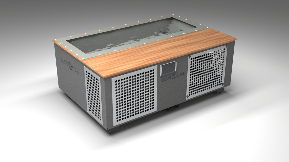 BlueCube C3 cold plunge tub grey with perforated screens with mahogany deck with hempcarbon tub left front view [bc color=grey screen=screen deck=mahogany tub=hempcarbon view=fl]