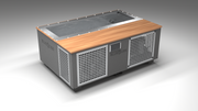 BlueCube C3 cold plunge tub grey with perforated screens with mahogany deck left front view [bc color=grey screen=screen deck=mahogany tub=stainless view=fl]