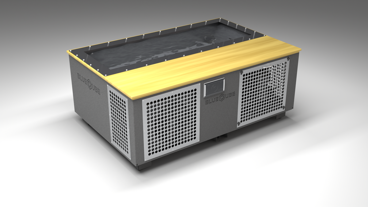 BlueCube C3 cold plunge tub grey with perforated screens with white maple deck with carbon fiber tub left front view [bc color=grey screen=screen deck=white-maple tub=carbon-fiber view=fl]