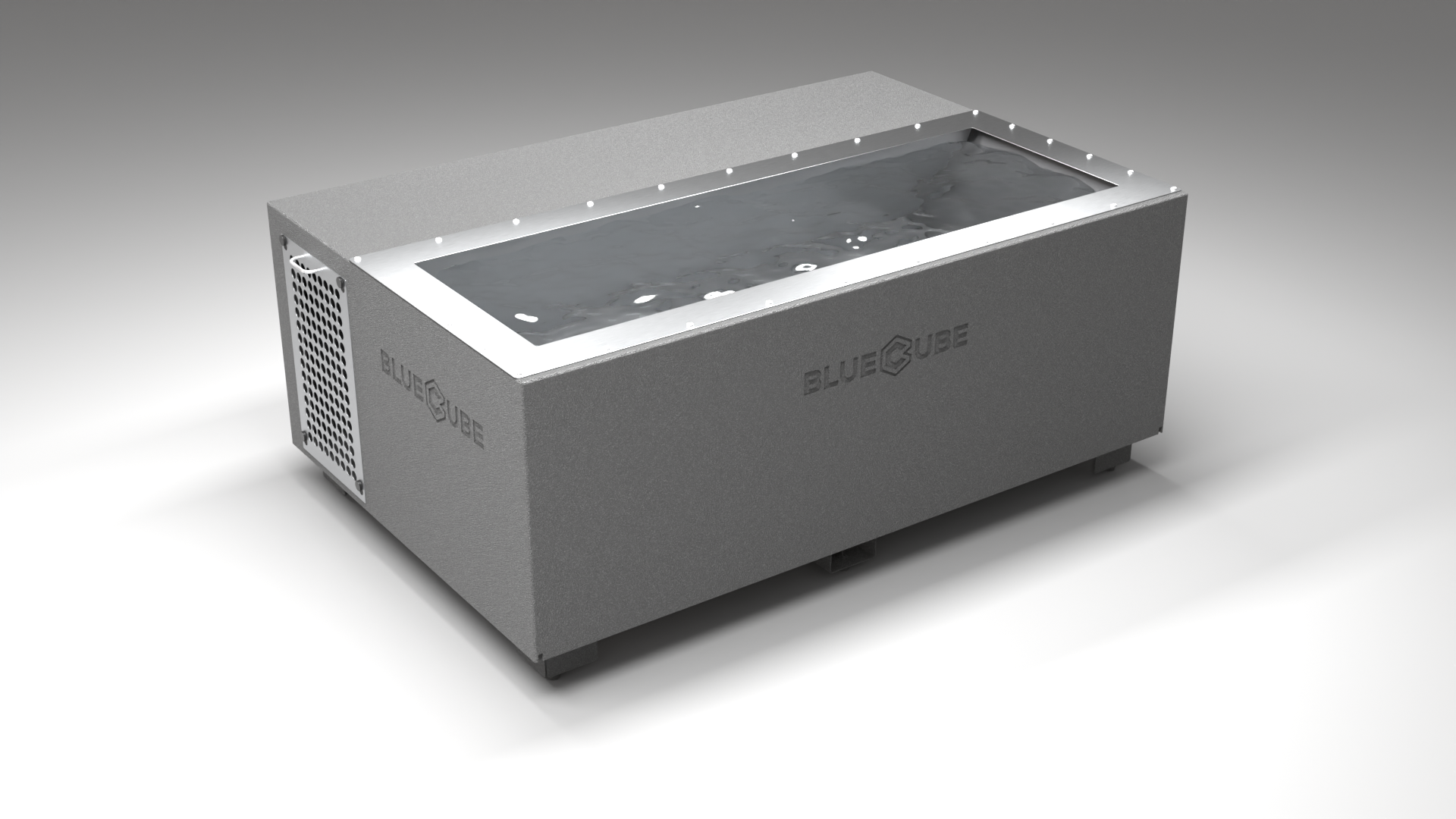 BlueCube C3 cold plunge tub grey with perforated screens right back view [bc color=grey screen=screen deck=none tub=stainless view=br]