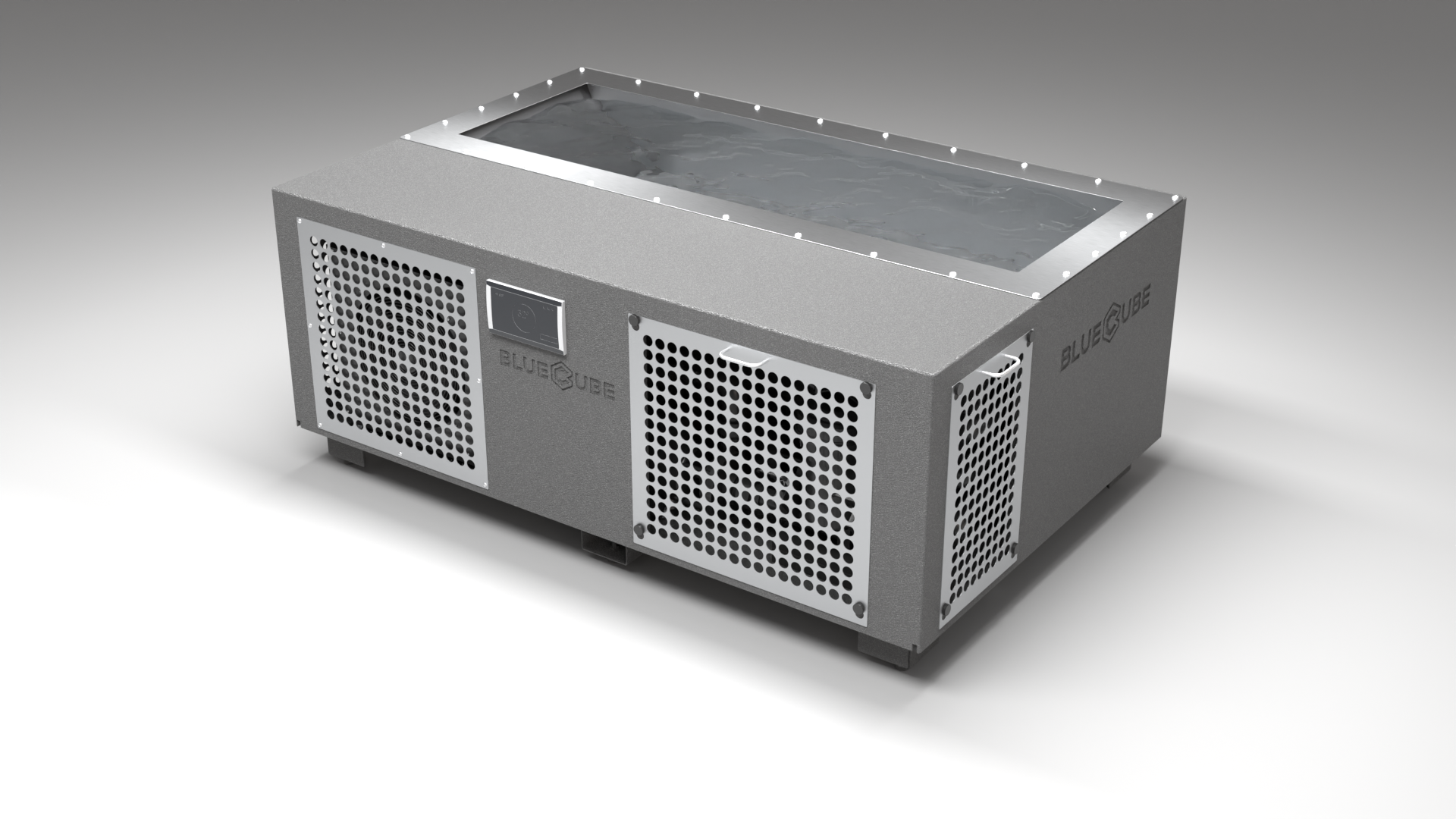 BlueCube C3 cold plunge tub grey with perforated screens right front view [bc color=grey screen=screen deck=none tub=stainless view=fr]