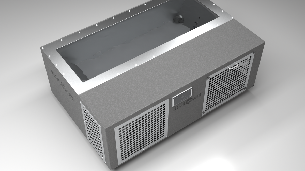 BlueCube C3 cold plunge tub grey with perforated screens top down view [bc color=grey screen=screen deck=none tub=stainless view=top]