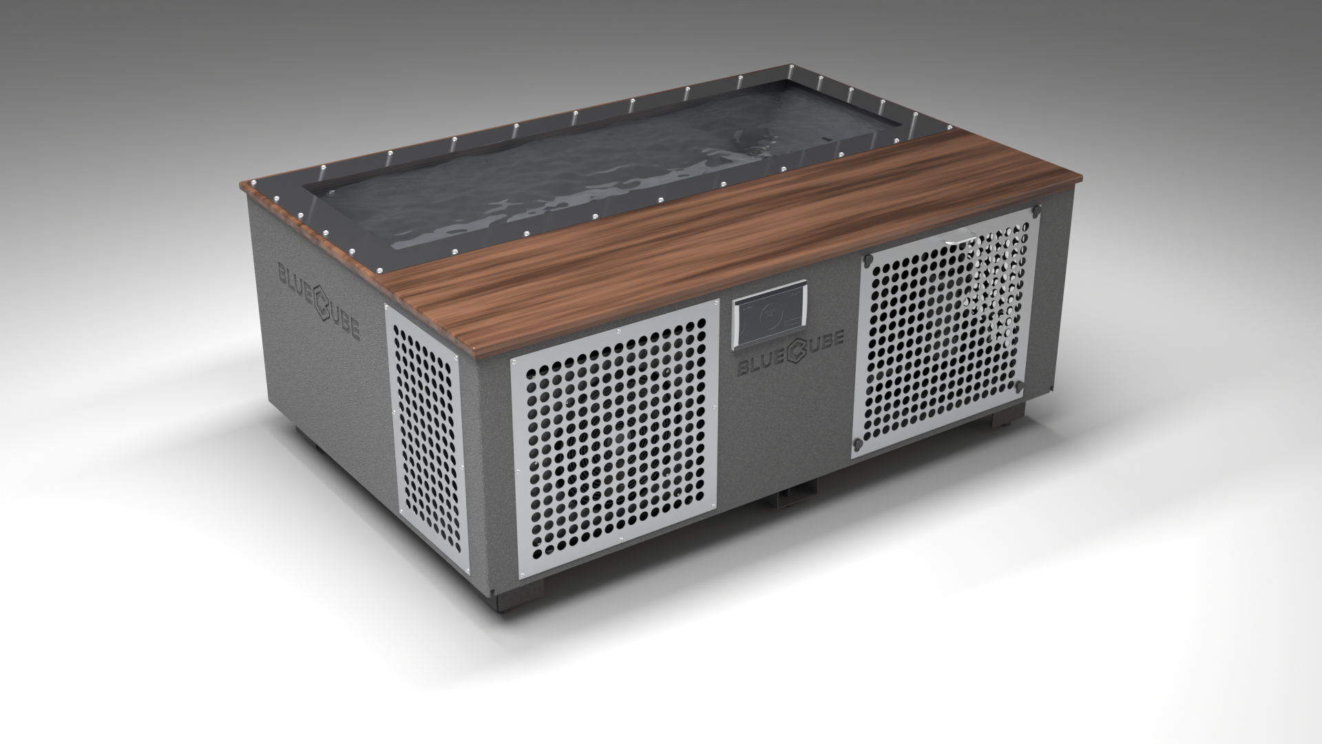 BlueCube C3 cold plunge tub grey with perforated screens with walnut deck with carbon fiber tub left front view [bc color=grey screen=screen deck=walnut tub=carbon-fiber view=fl]