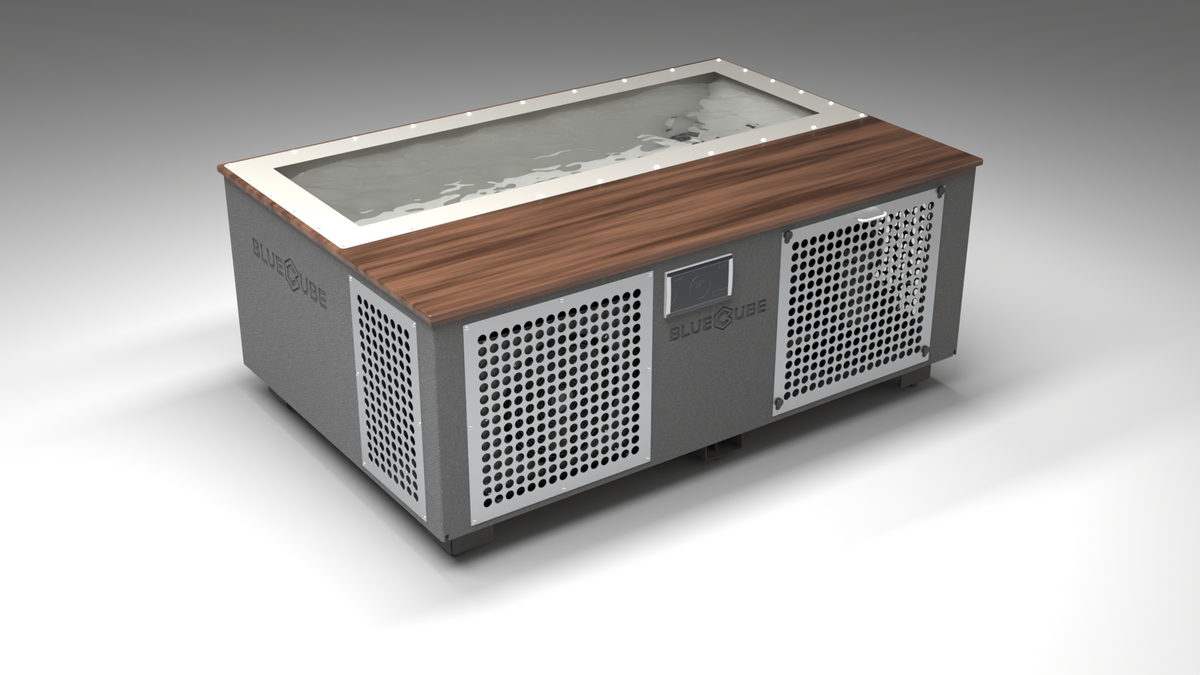 BlueCube C3 cold plunge tub grey with perforated screens with walnut deck with gel coated tub left front view [bc color=grey screen=screen deck=walnut tub=gel-coated view=fl]