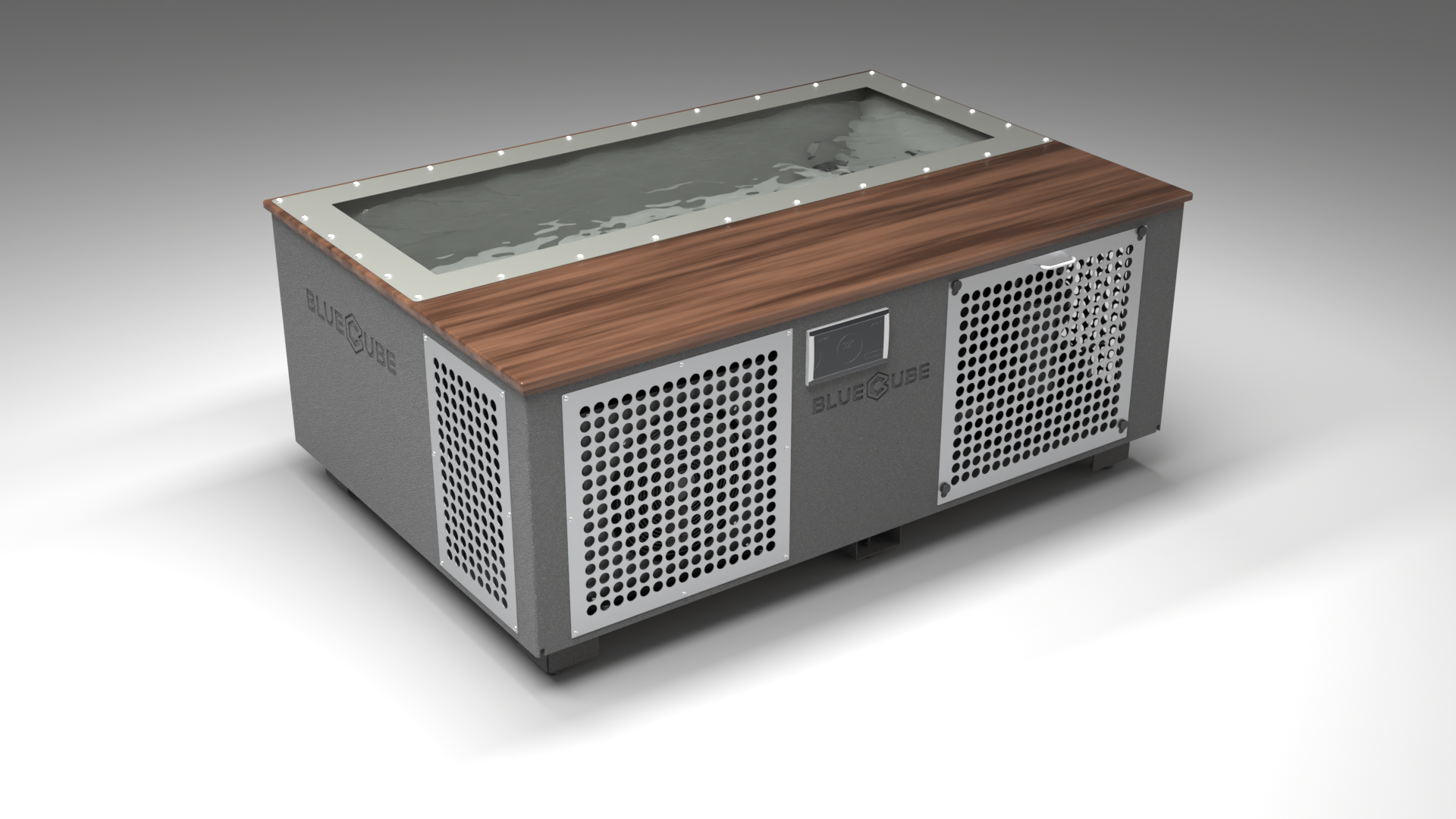 BlueCube C3 cold plunge tub grey with perforated screens with walnut deck with hempcarbon tub left front view [bc color=grey screen=screen deck=walnut tub=hempcarbon view=fl]