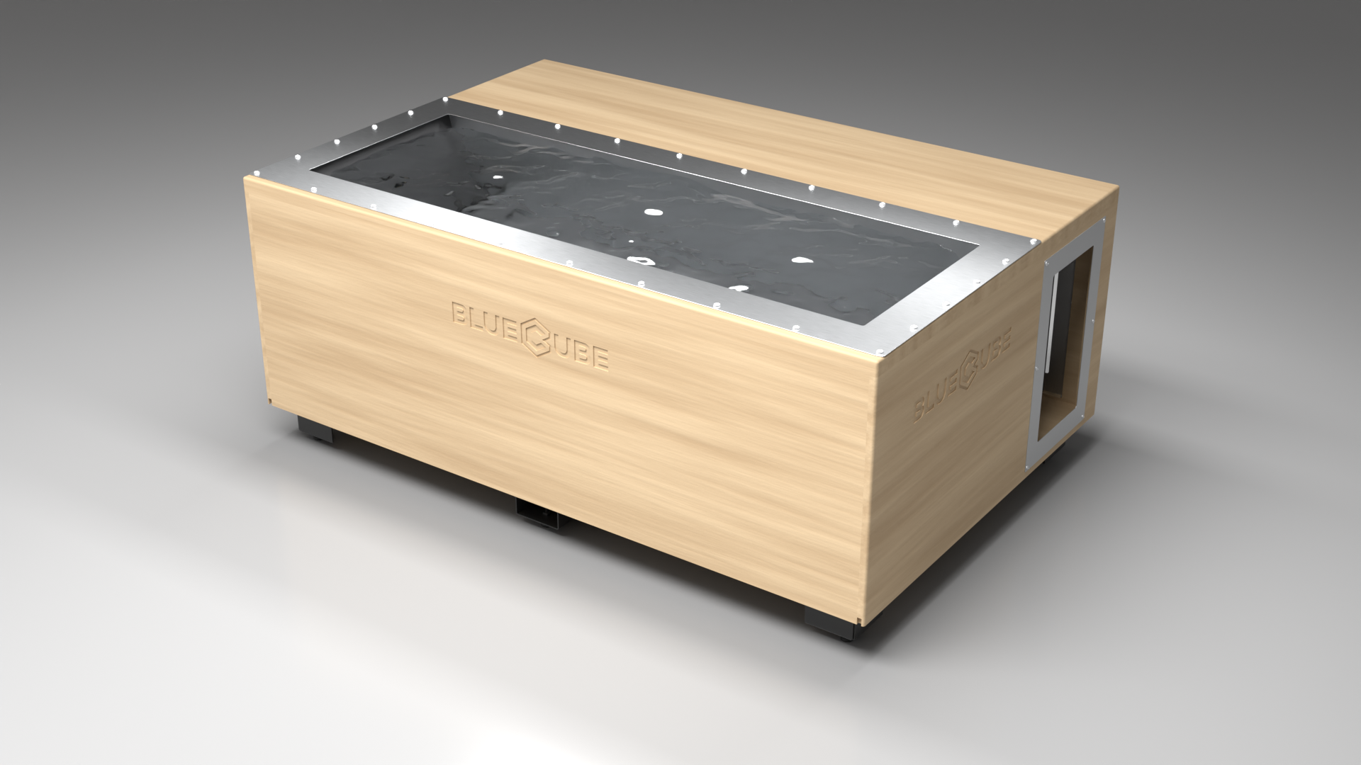 BlueCube C3 cold plunge tub uncladded left back view [bc color=uncladded screen=frame deck=none tub=stainless view=bl]