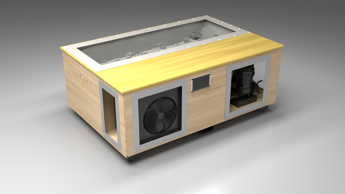 BlueCube C3 cold plunge tub uncladded with white maple deck with gel coated tub left front view [bc color=uncladded screen=frame deck=white-maple tub=gel-coated view=fl]