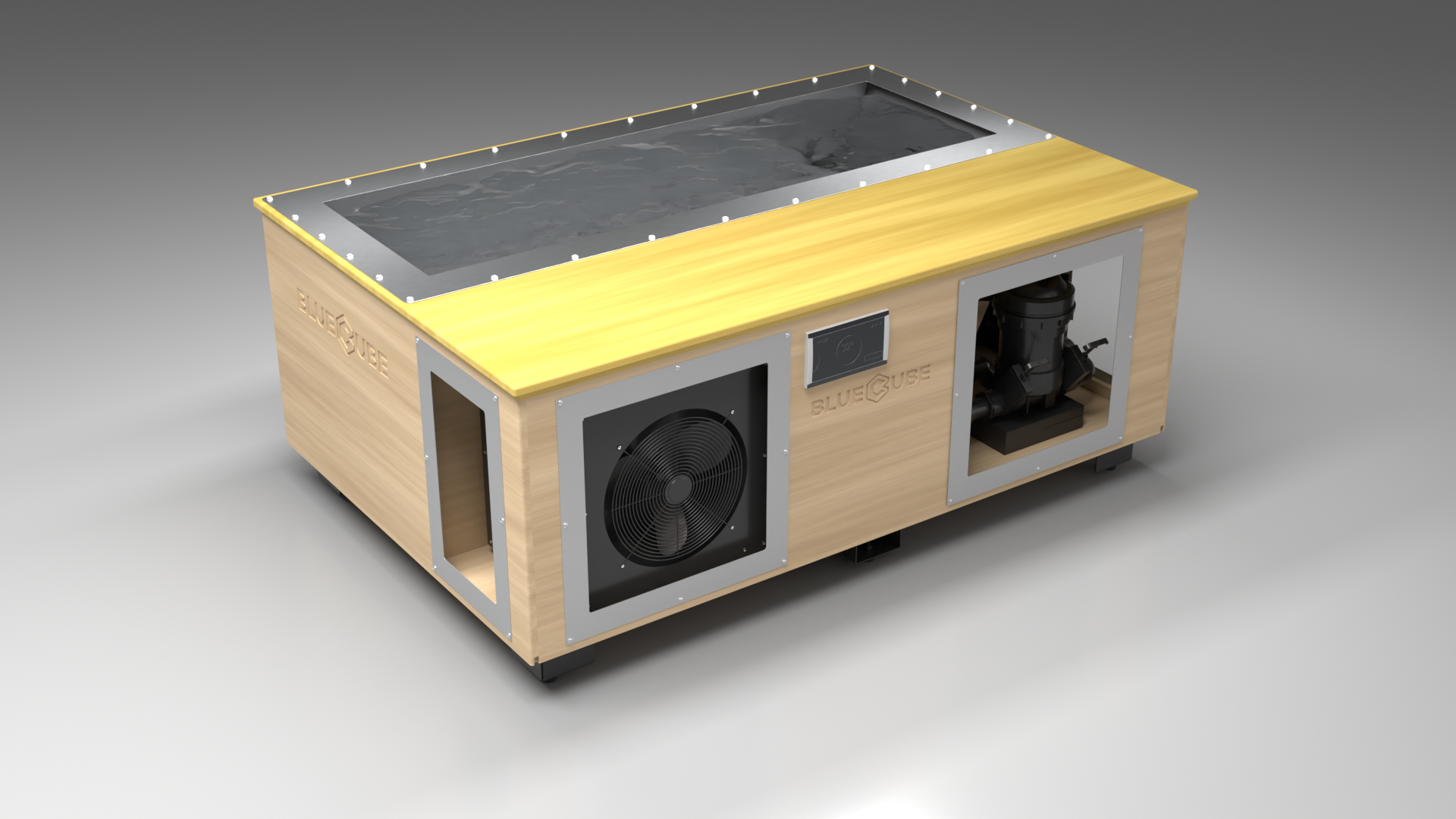 BlueCube C3 cold plunge tub uncladded with white maple deck left front view [bc color=uncladded screen=frame deck=white-maple tub=stainless view=fl]