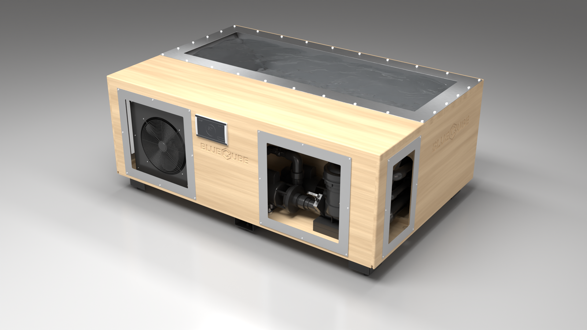 BlueCube C3 cold plunge tub uncladded right front view [bc color=uncladded screen=frame deck=none tub=stainless view=fr]