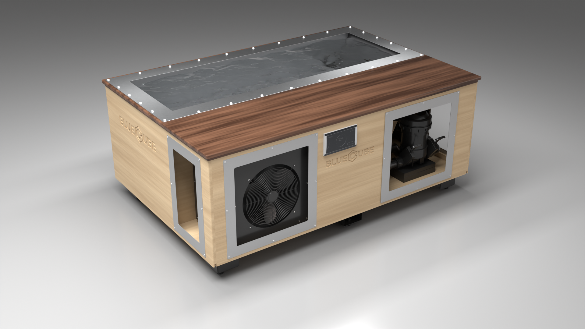 BlueCube C3 cold plunge tub uncladded with walnut deck left front view [bc color=uncladded screen=frame deck=walnut tub=stainless view=fl]