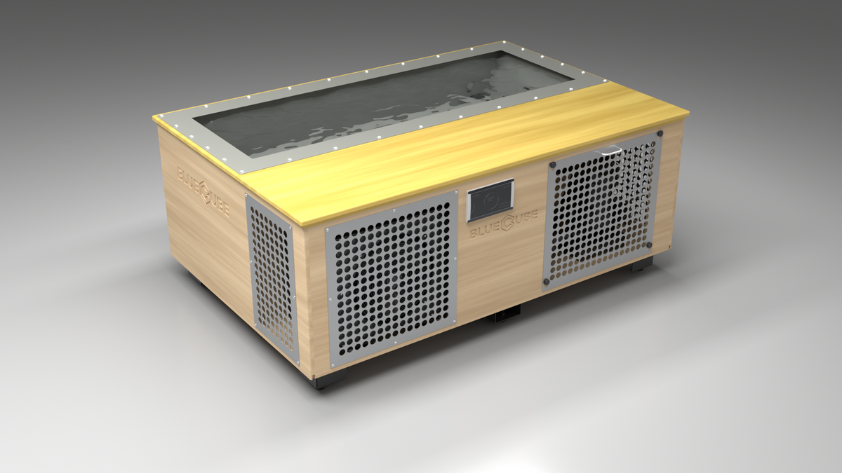 BlueCube C3 cold plunge tub uncladded with perforated screens with white maple deck with hempcarbon tub left front view [bc color=uncladded screen=screen deck=white-maple tub=hempcarbon view=fl]