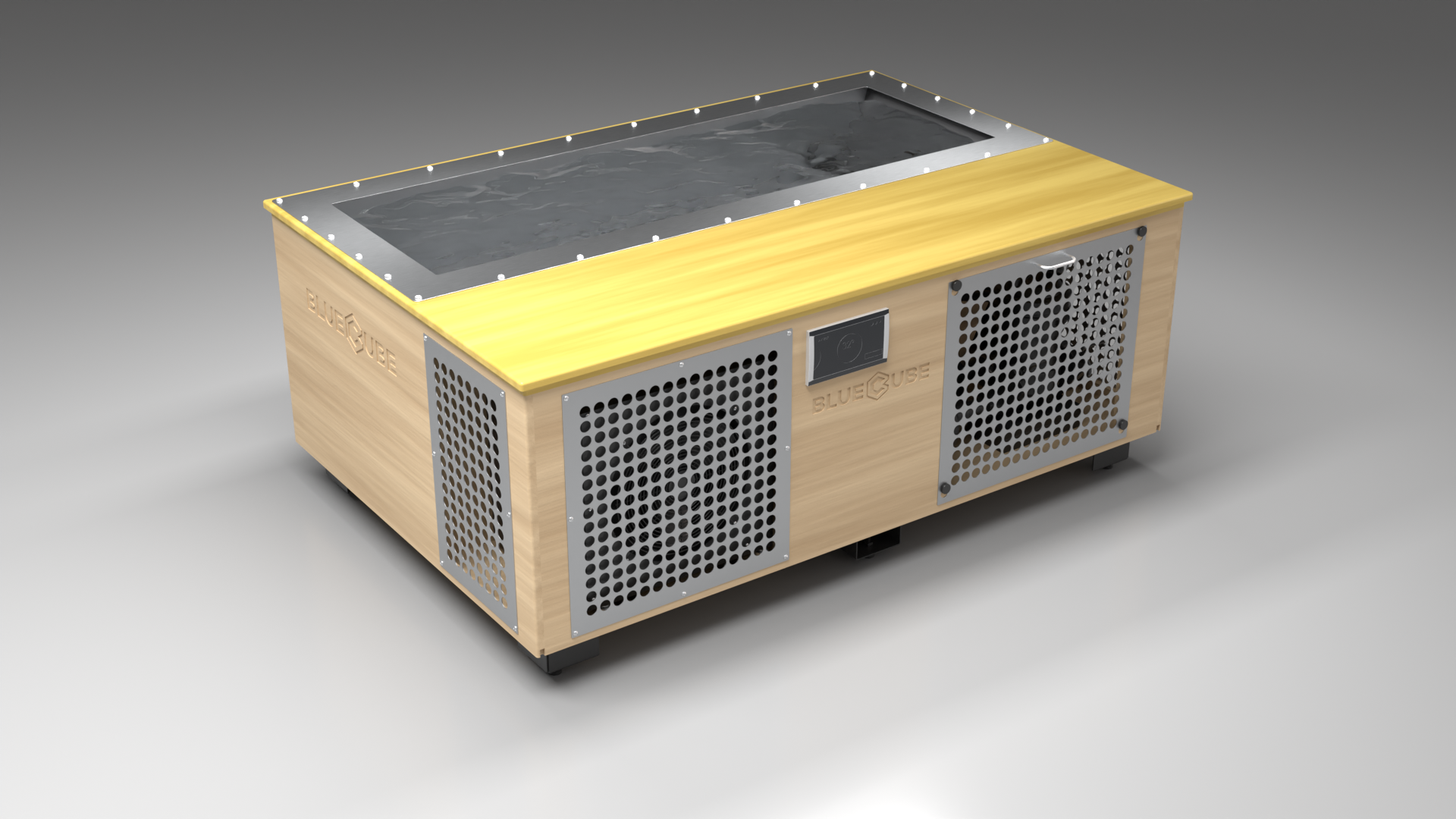 BlueCube C3 cold plunge tub uncladded with perforated screens with white maple deck left front view [bc color=uncladded screen=screen deck=white-maple tub=stainless view=fl]