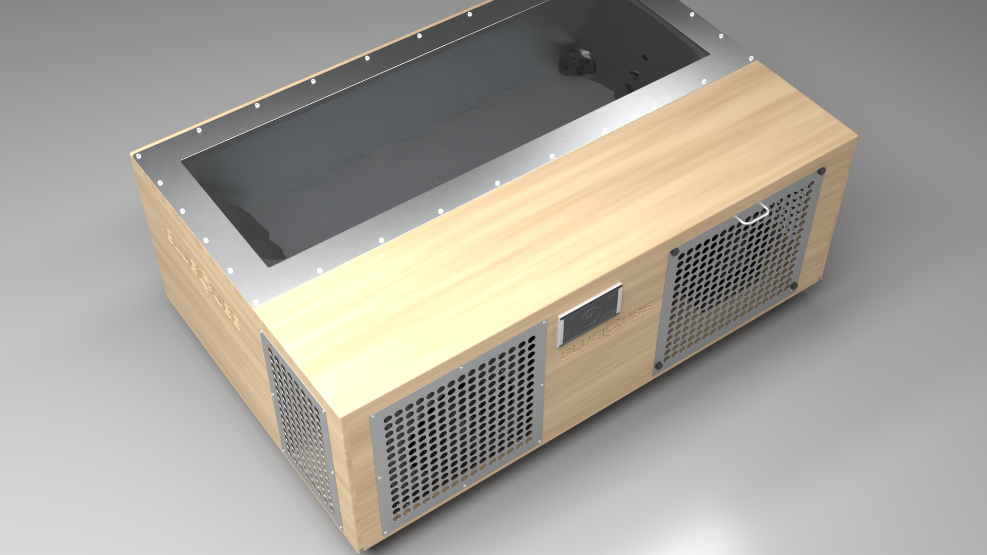 BlueCube C3 cold plunge tub uncladded with perforated screens top down view [bc color=uncladded screen=screen deck=none tub=stainless view=top]